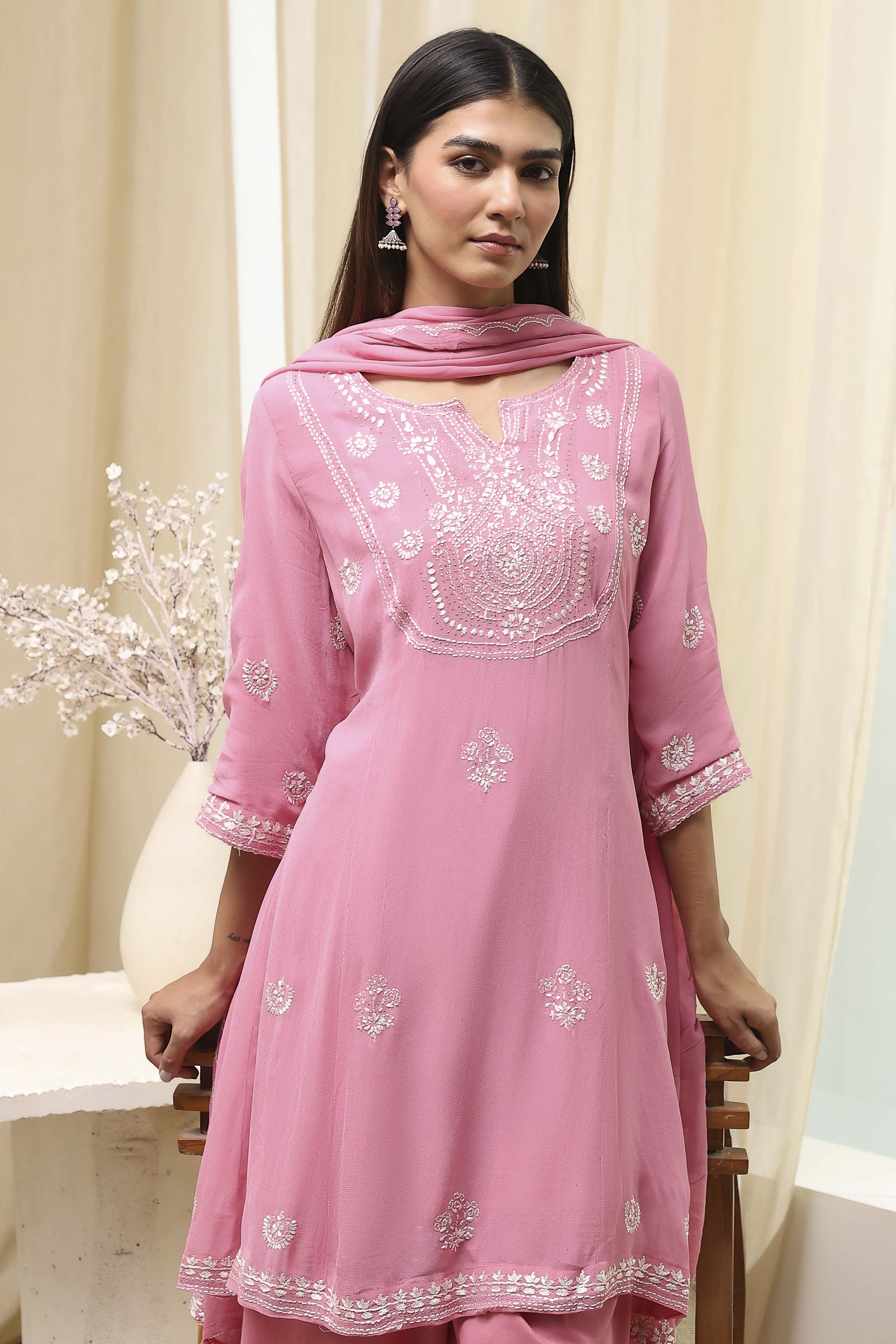 Pink Embroidered Kalidar Suit Set image number 0
