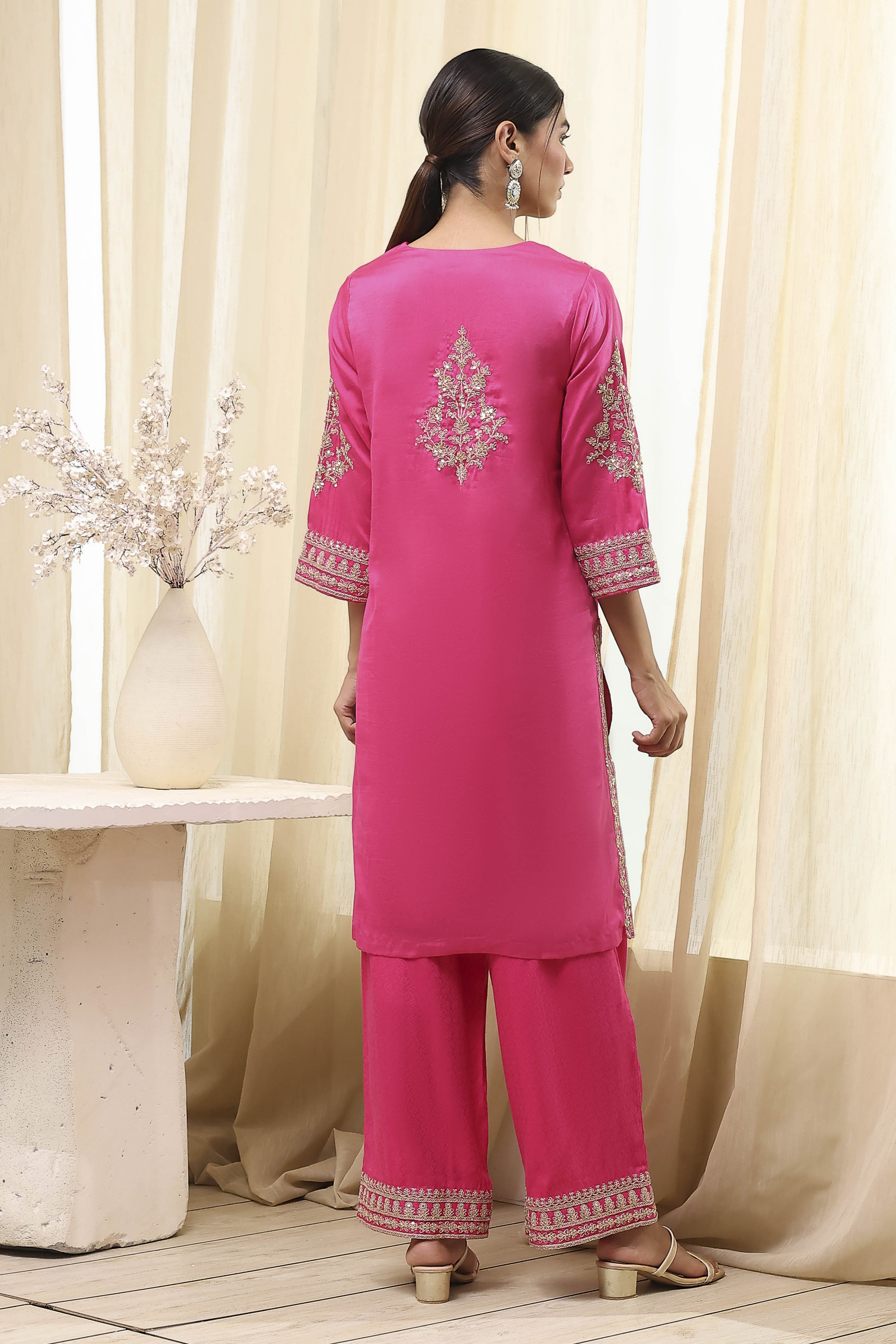 Fuchsia Cotton Silk Straight Suit Set image number 4