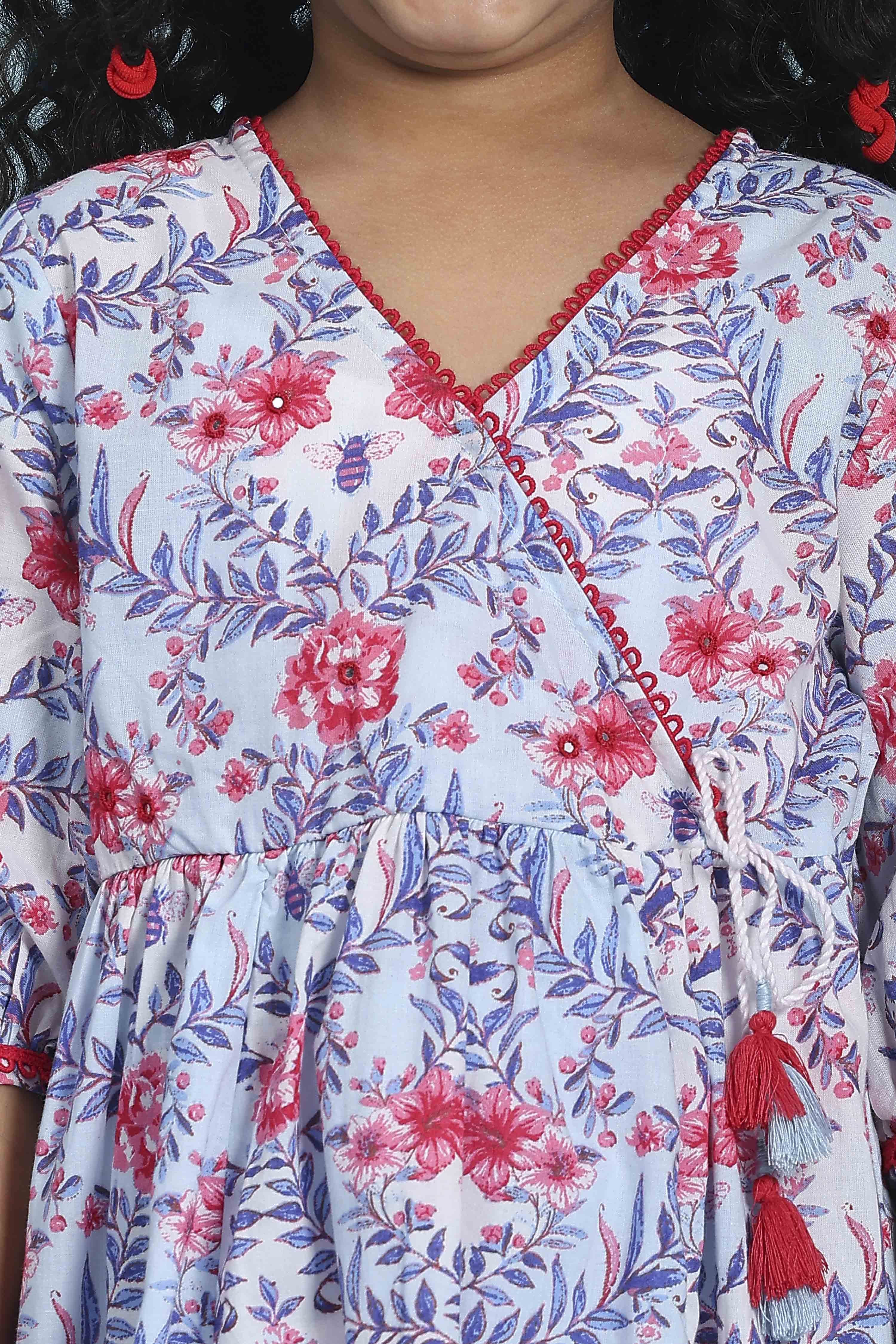 Blue Cotton Printed Angrakha Anarkali Suit Set image number 1