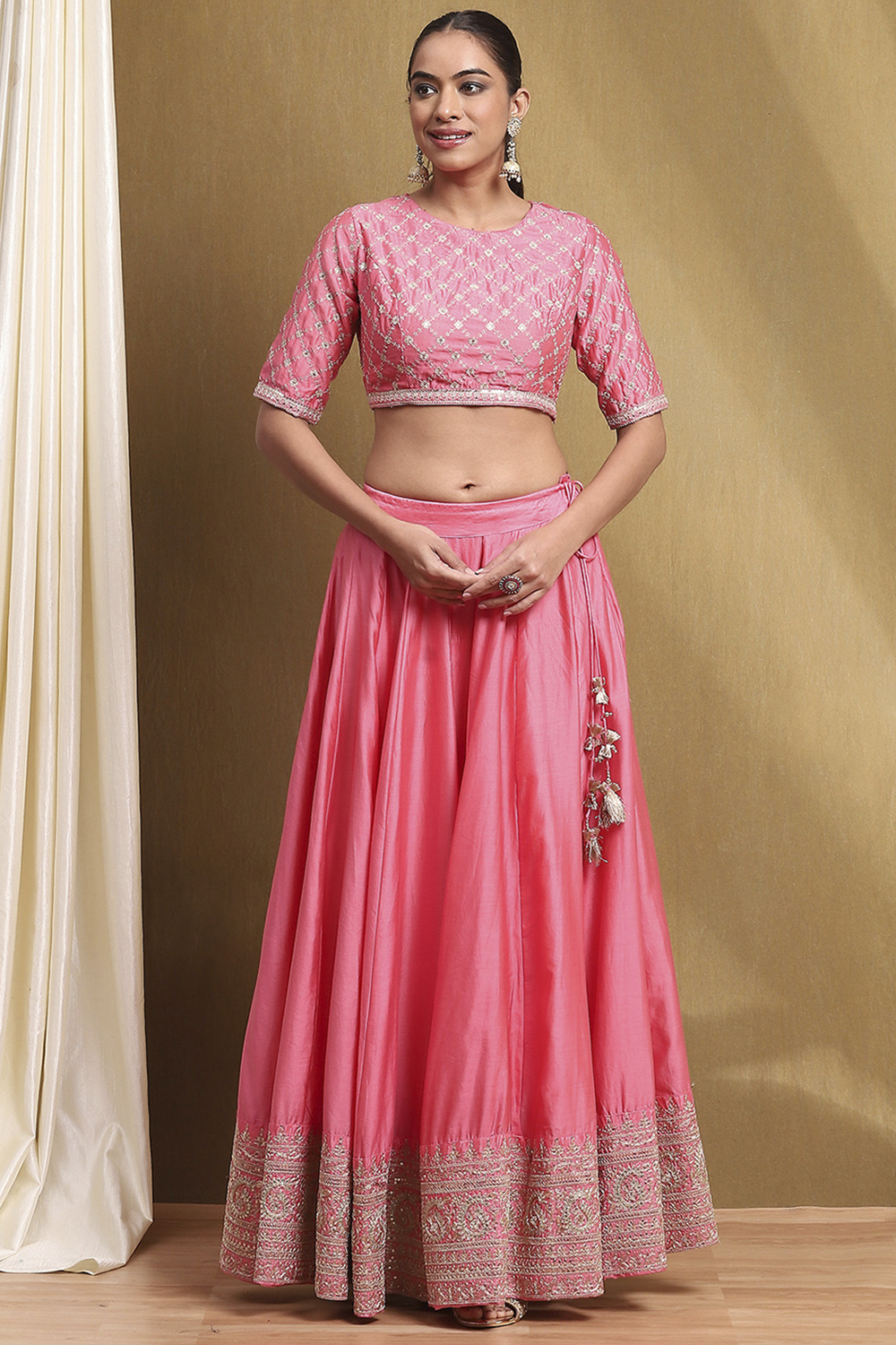 Coral Cotton Blend Embroidered Lehenga Set image number 6