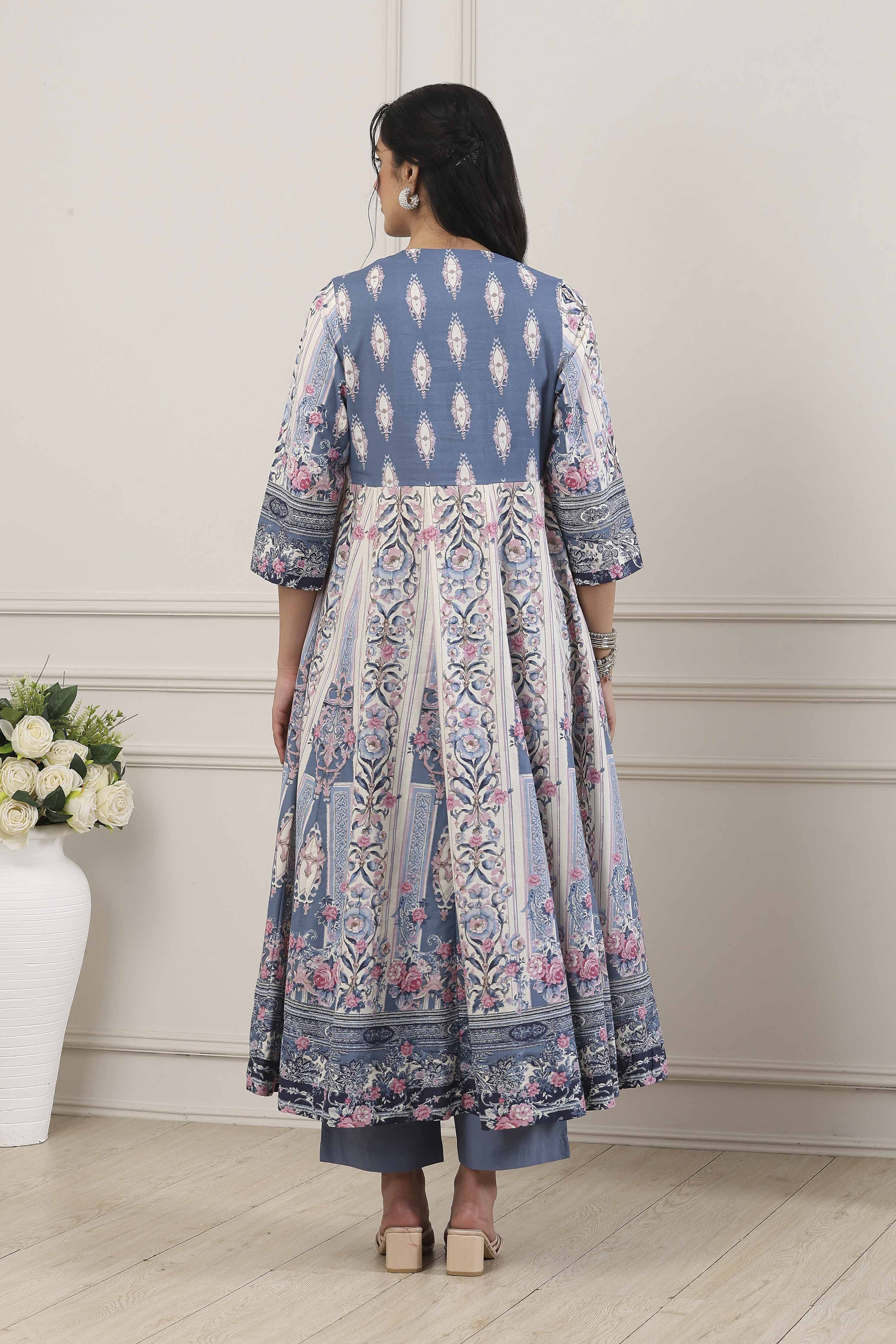 Blue Cotton Floral Printed Anarkali Suit Set image number 4