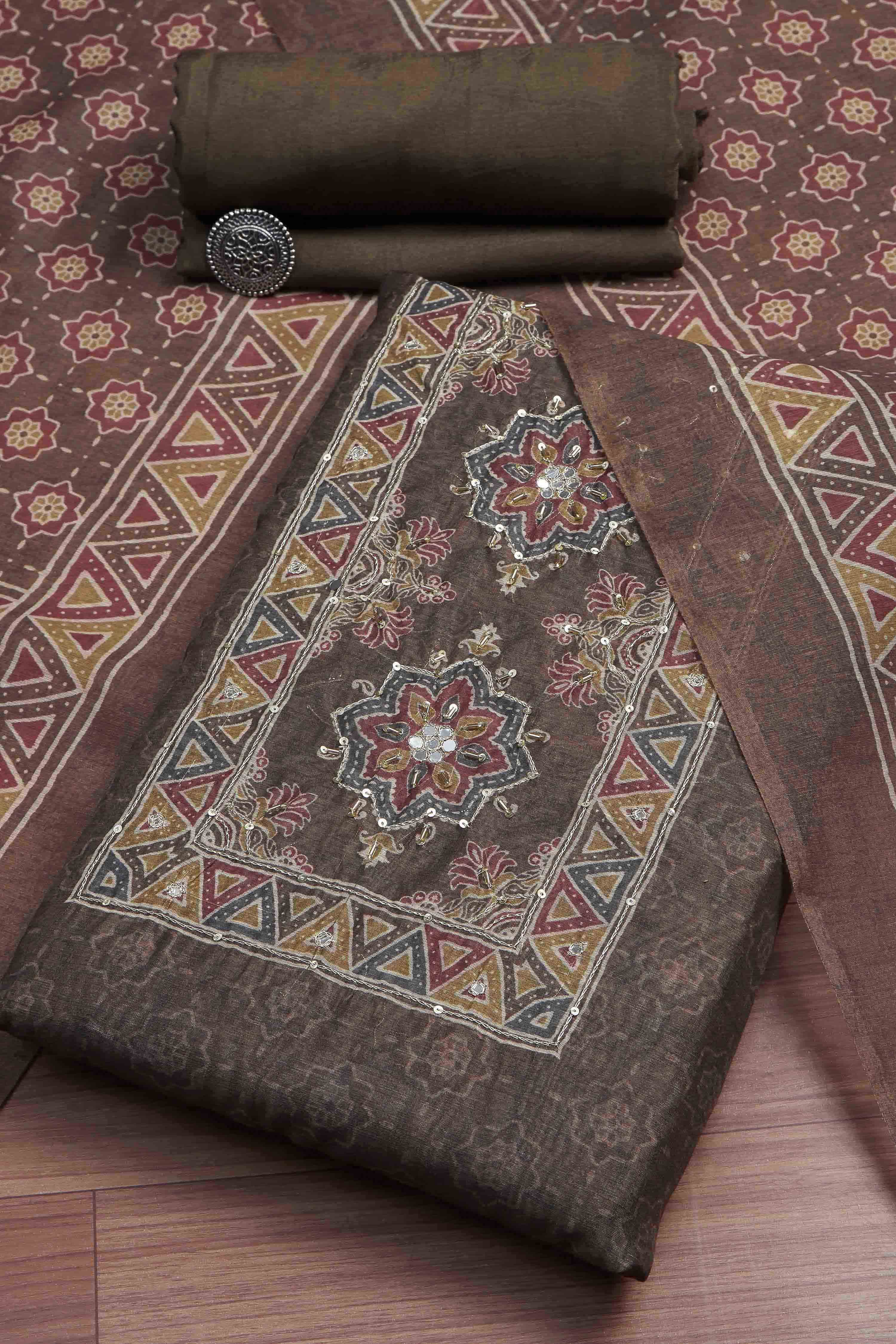 Grey Chanderi Rajasthani Print Unstitched Suit Set image number 0