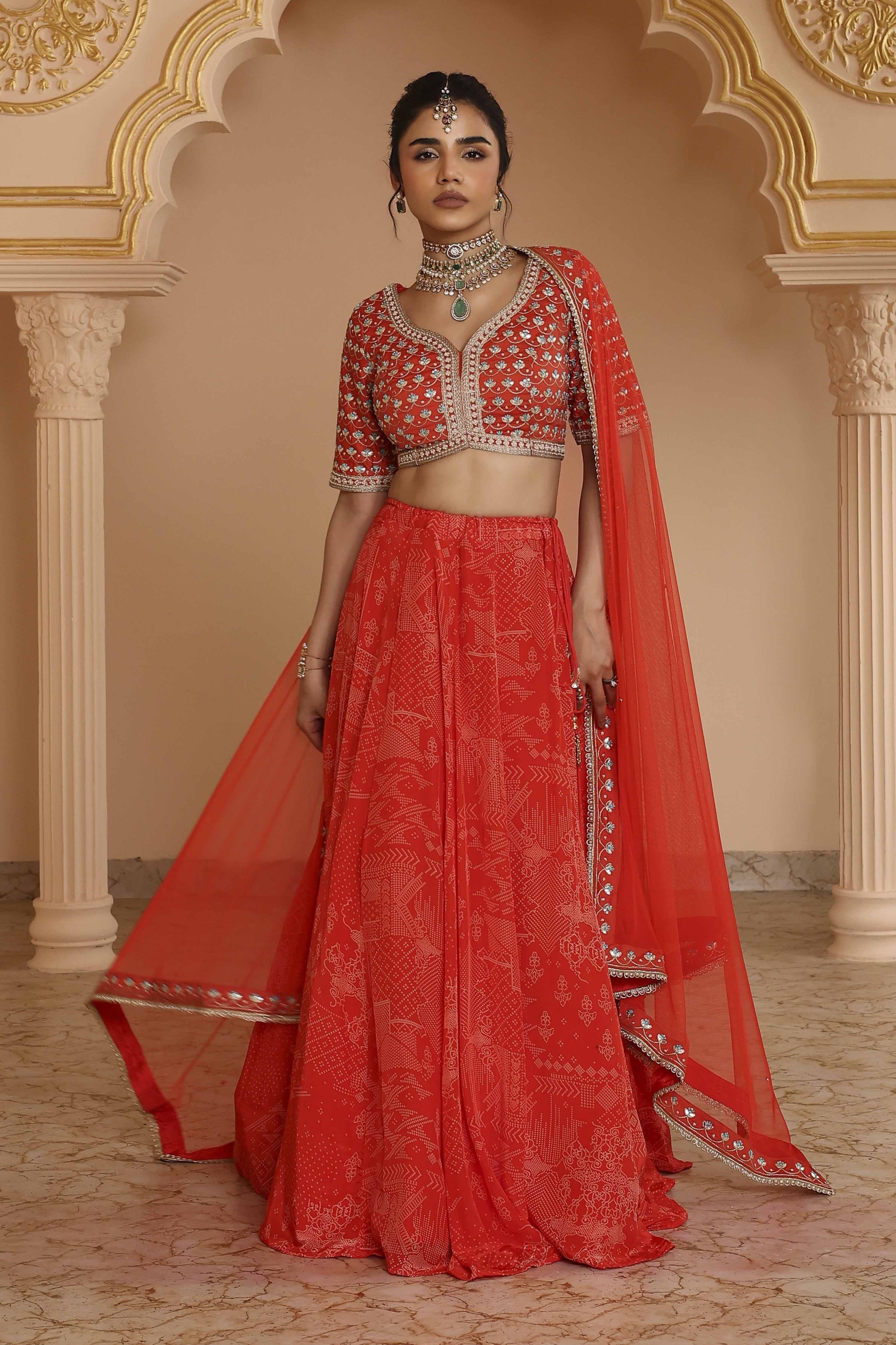 Red Chanderi Digital Printed Lehenga Set image number 7