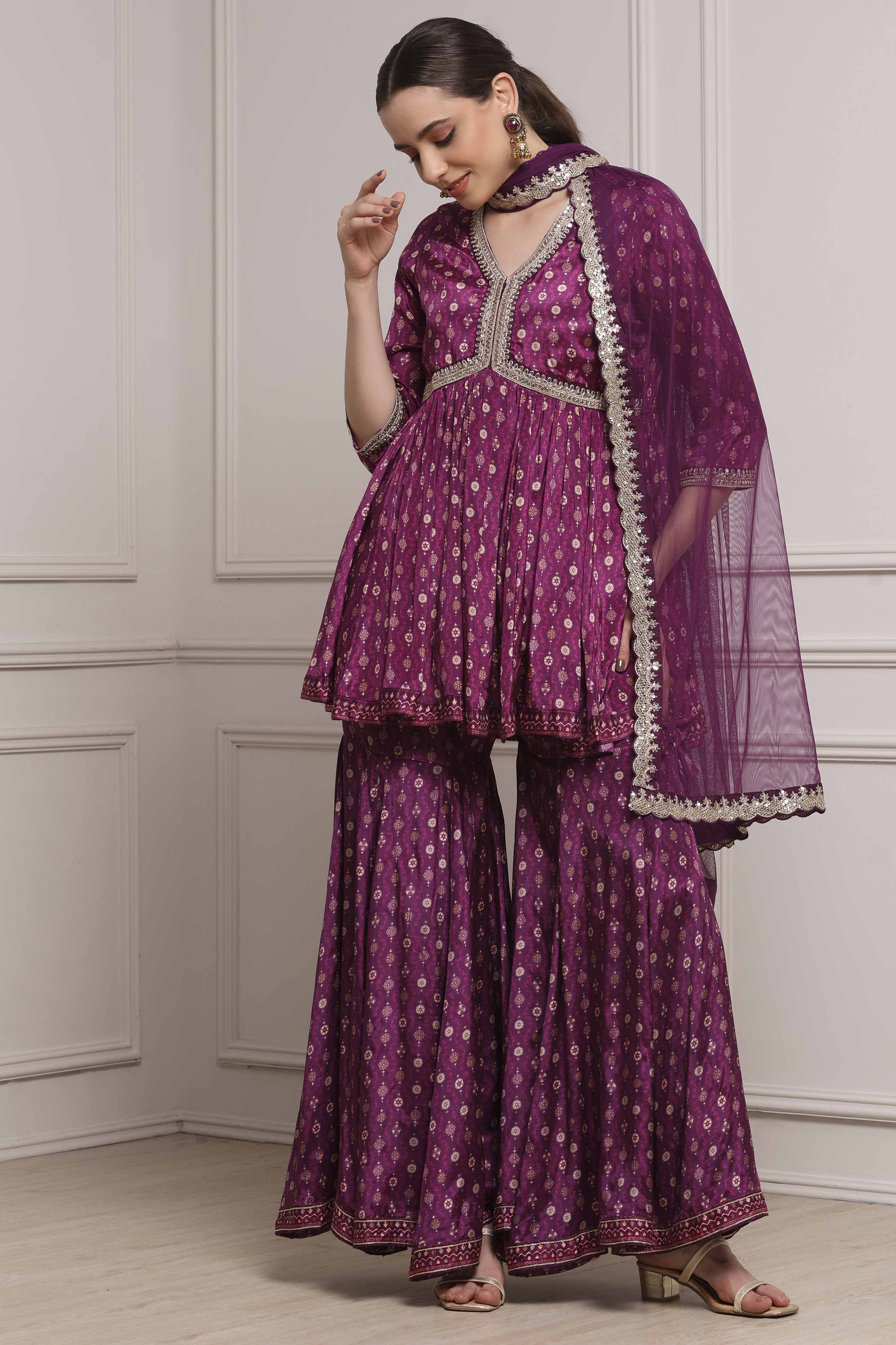 Purple Viscose Shantoon Printed Peplum Garara Suit Set image number 0
