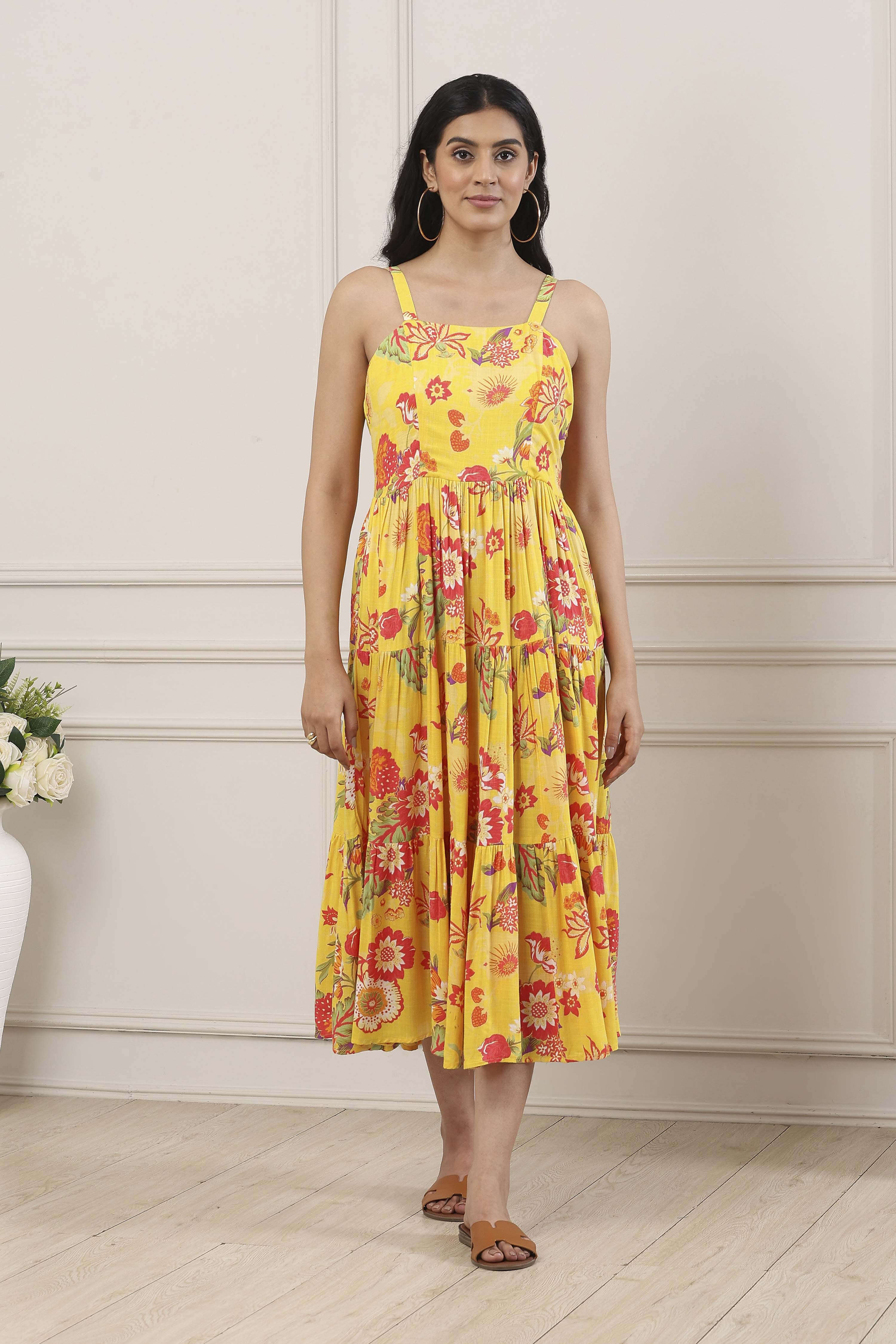 Yellow Floral Printed Strappy Tiered Dress image number 5