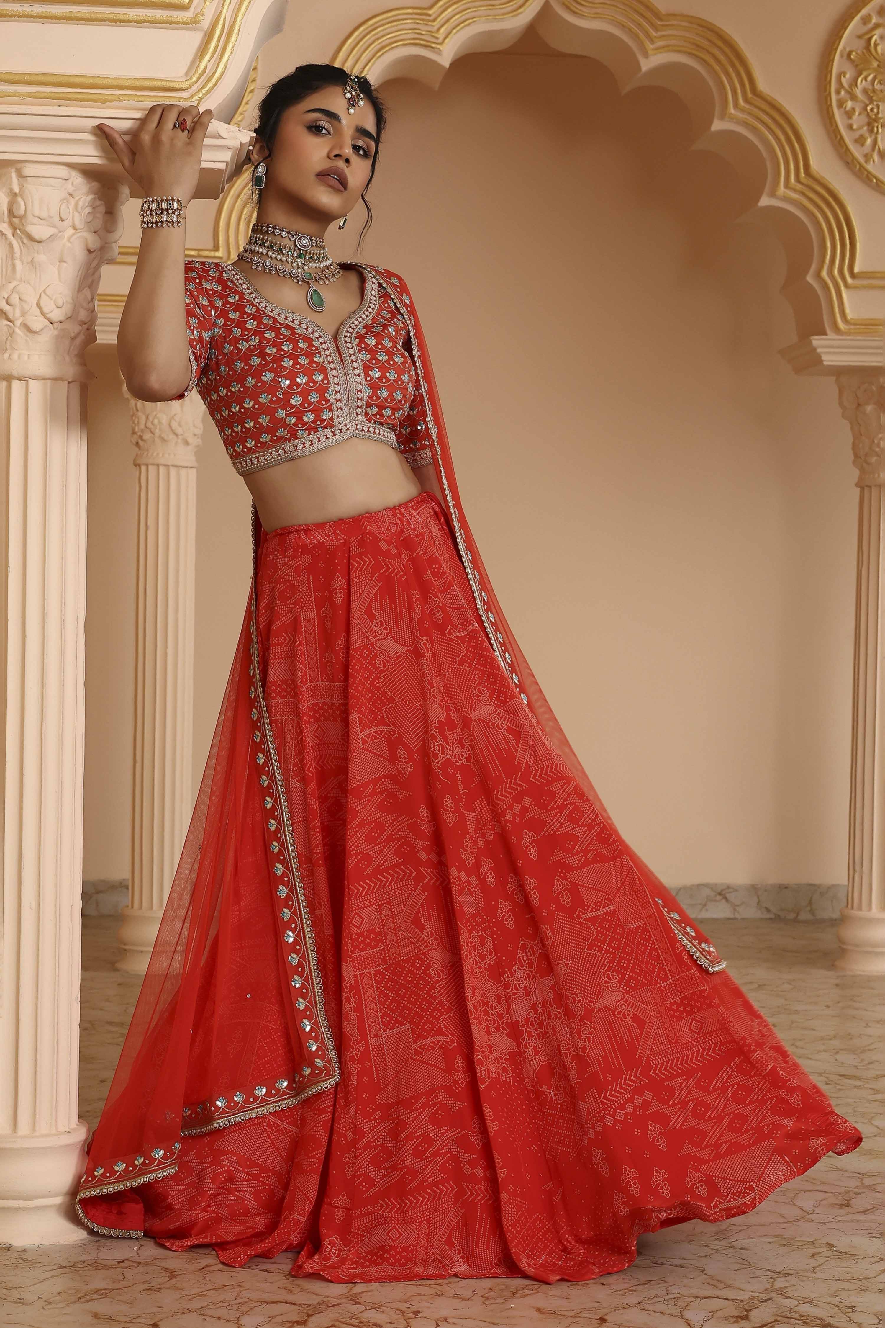 Red Chanderi Digital Printed Lehenga Set image number 0