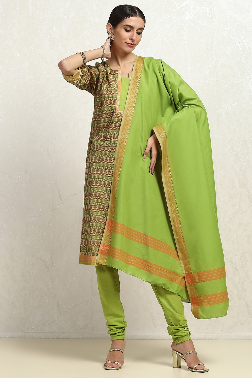 Grey Cotton Handloom Unstitched Suit Set image number 1