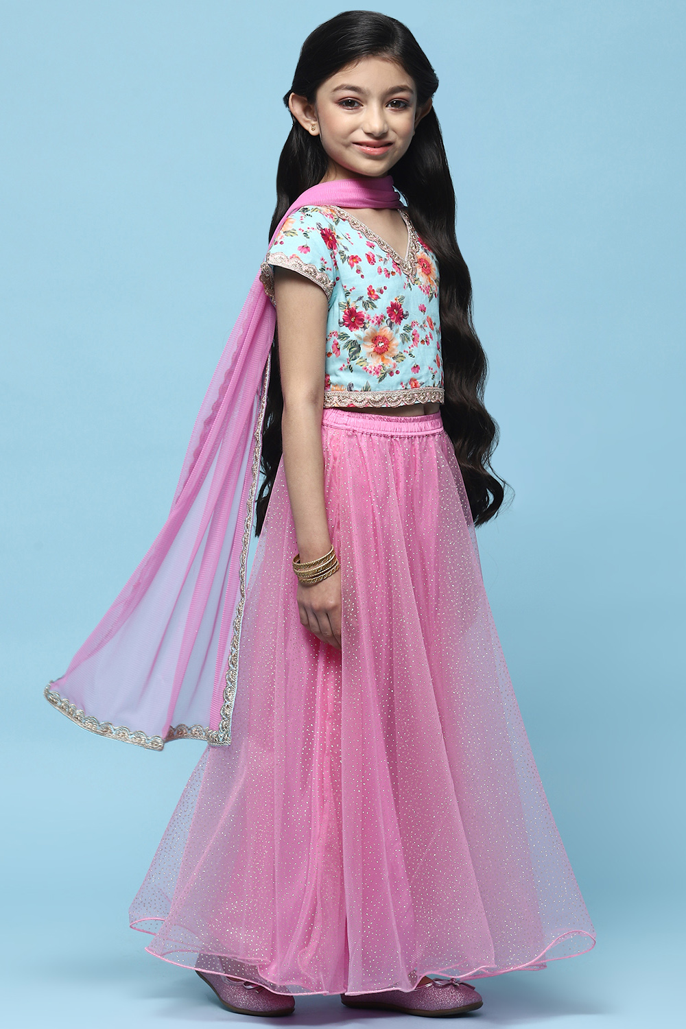 Blue Cotton Printed Blouse With Net Lehenga & Net Dupatta image number 6