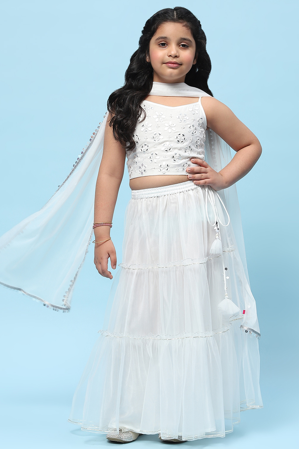 White Poly Chanderi Mirror Work Tiered Lehenga Set image number 0