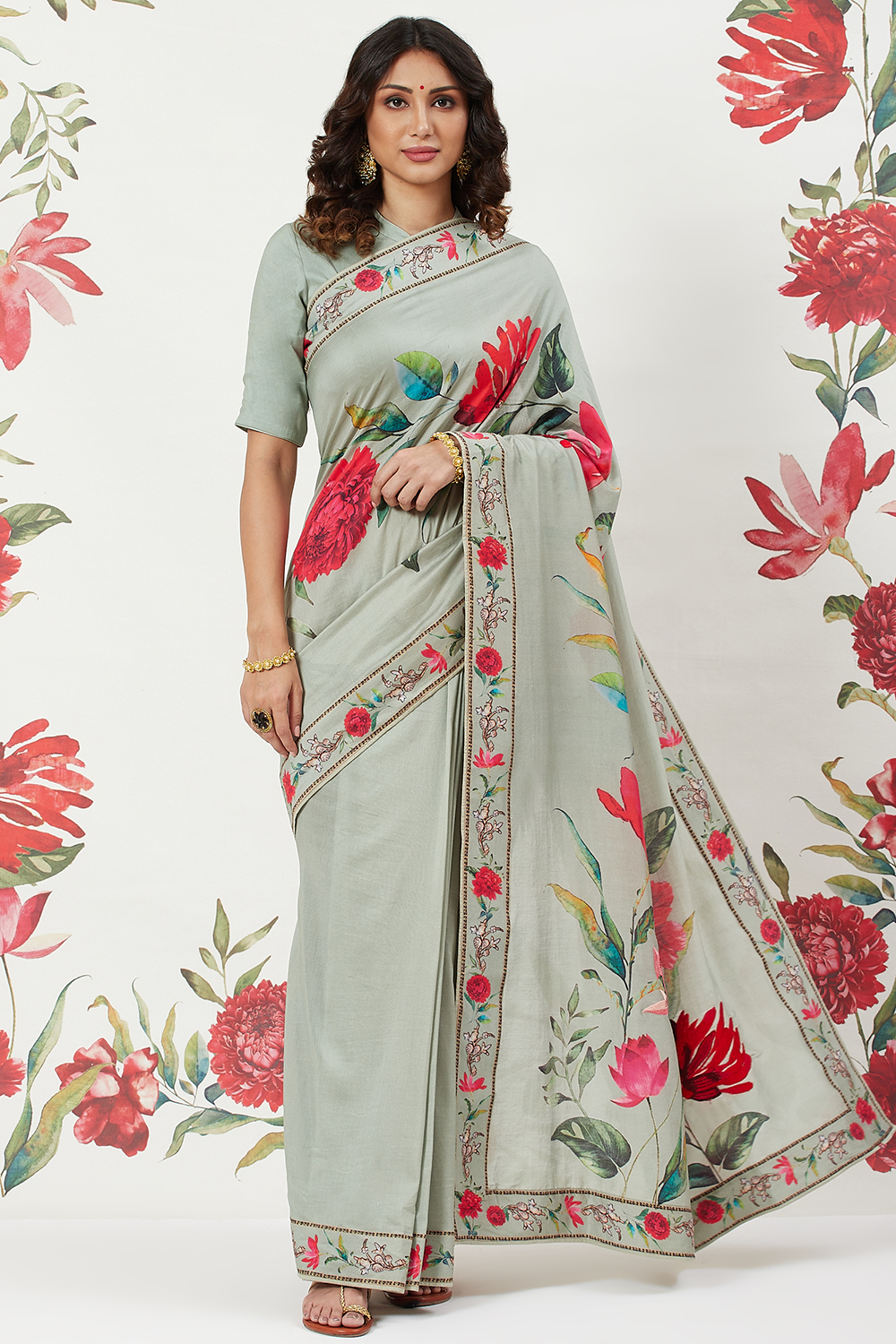 Green Chanderi Silk Printed Saree With Blouse image number 4