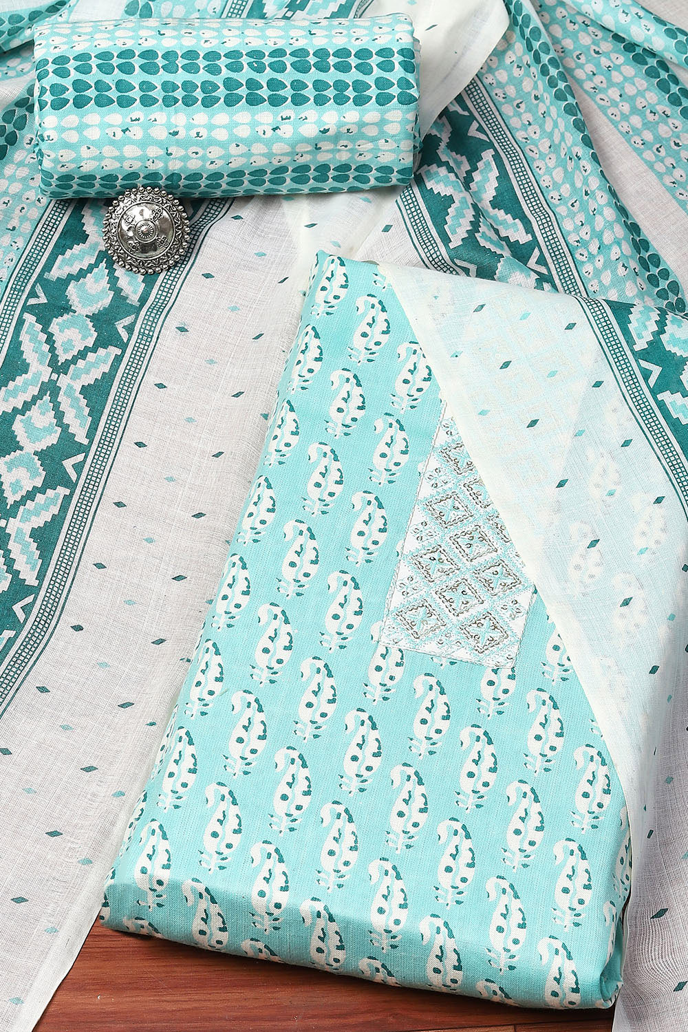 Blue Cotton Printed Unstitched Suit Set image number 0