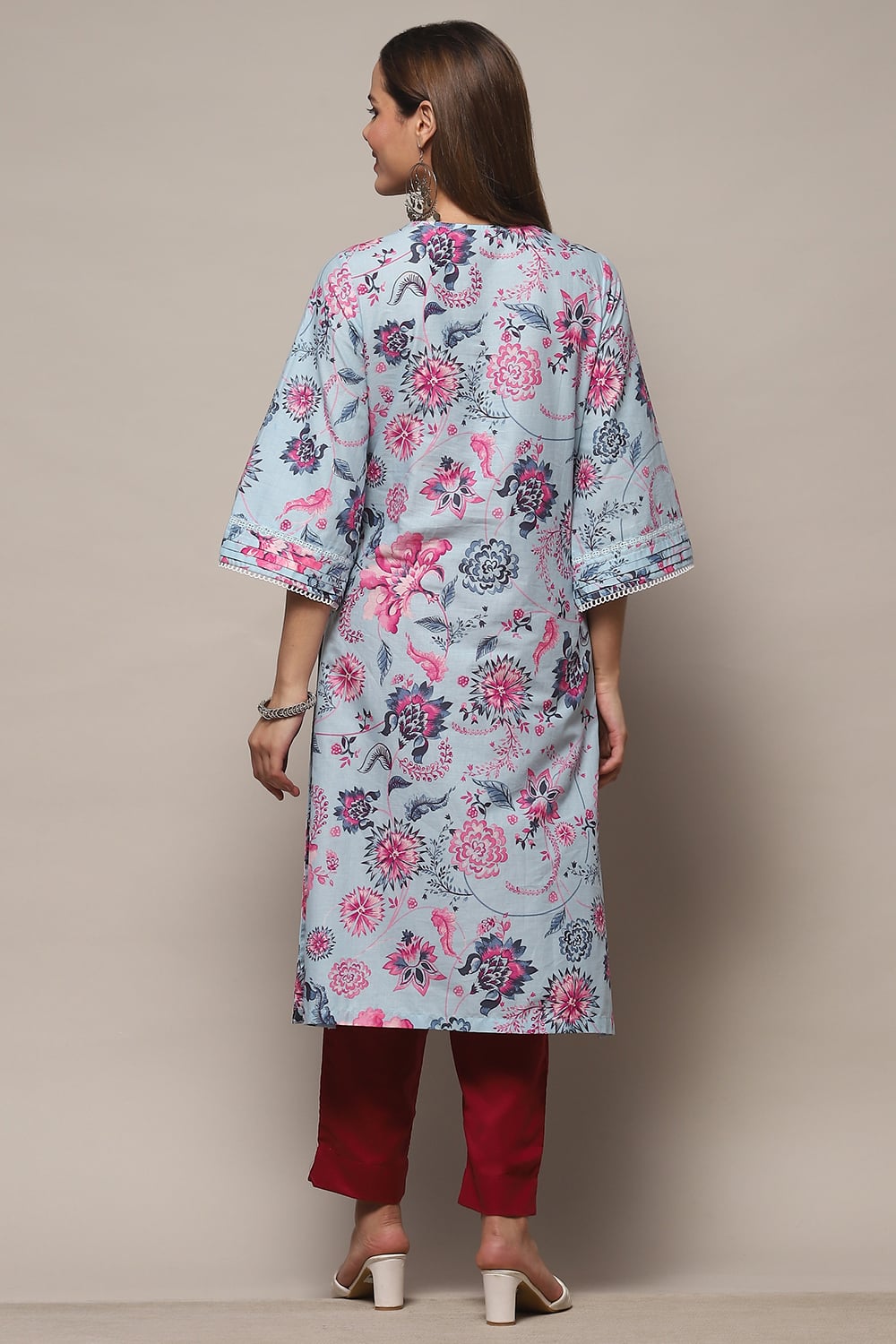Yellow Cotton Floral Printed Straight Kurta image number 3