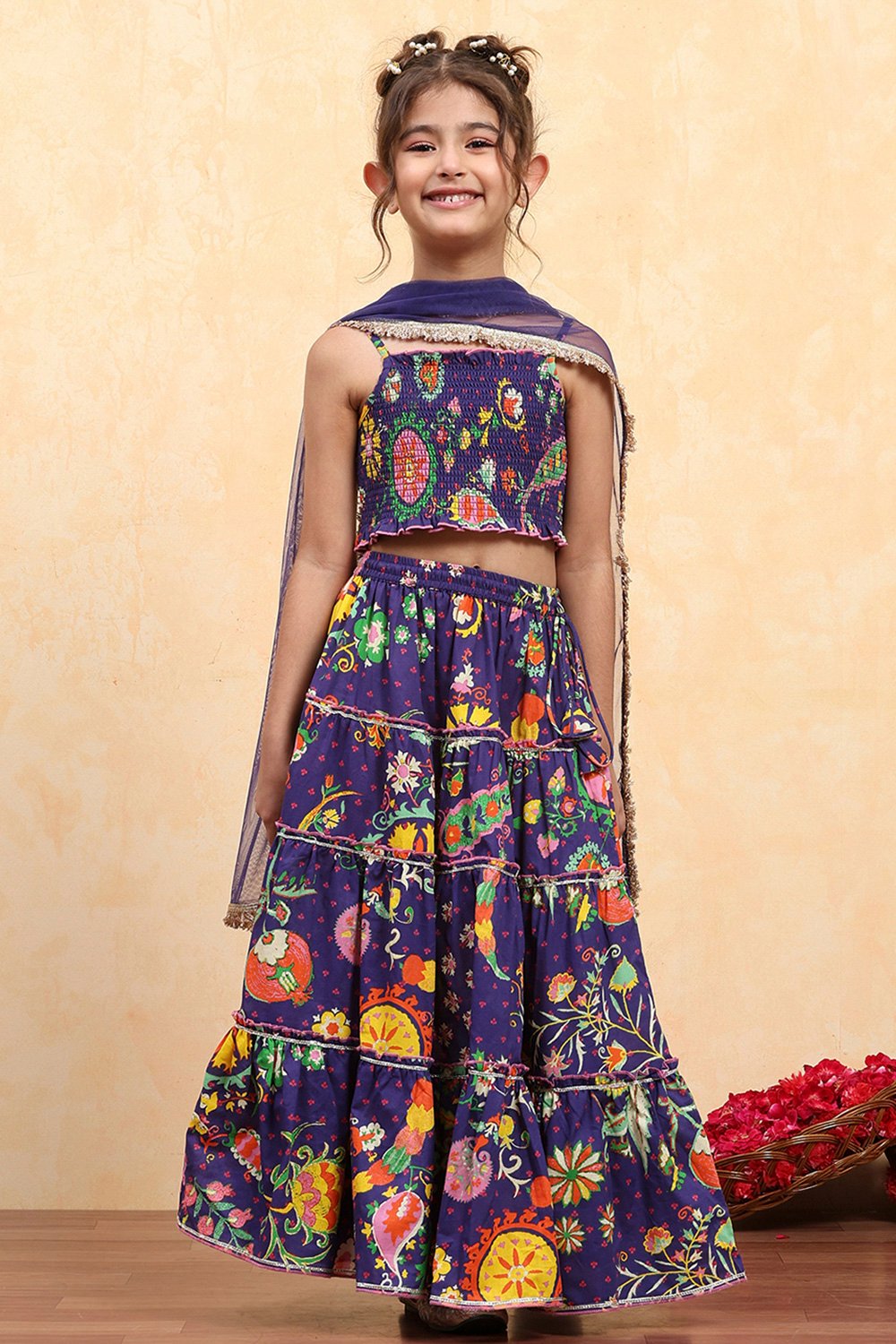 Purple Cotton Printed Tiered Lehenga Set image number 6