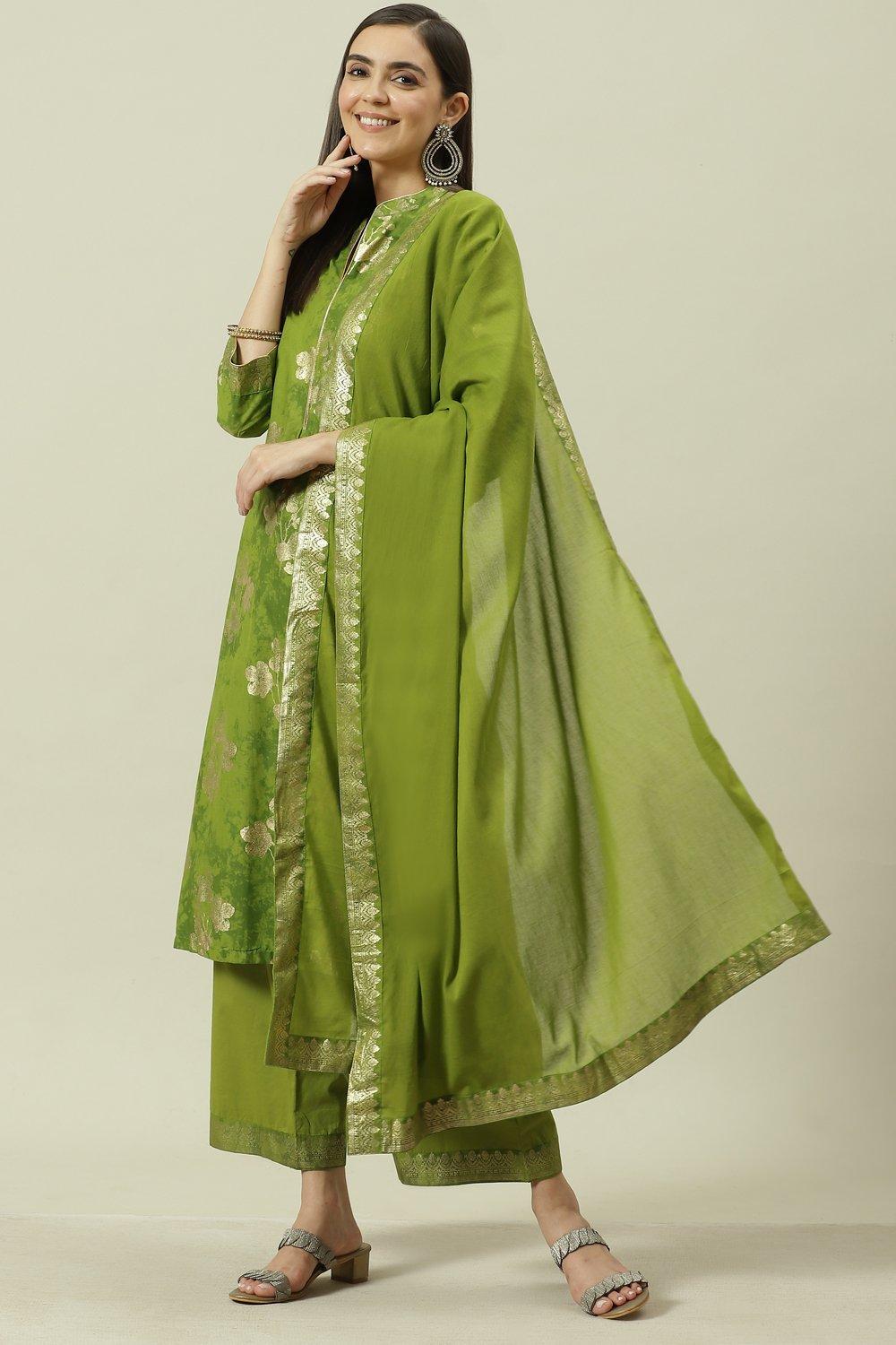 Mehndi Cotton Straight Kurta Palazzo Suit Set image number 6