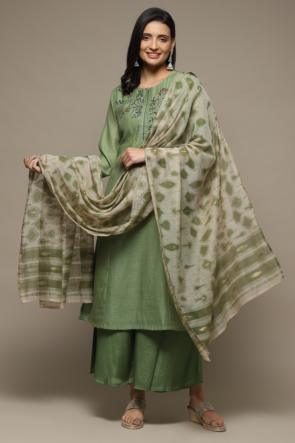 Green Cotton Machine Embroidered Unstitched Suit Set image number 1