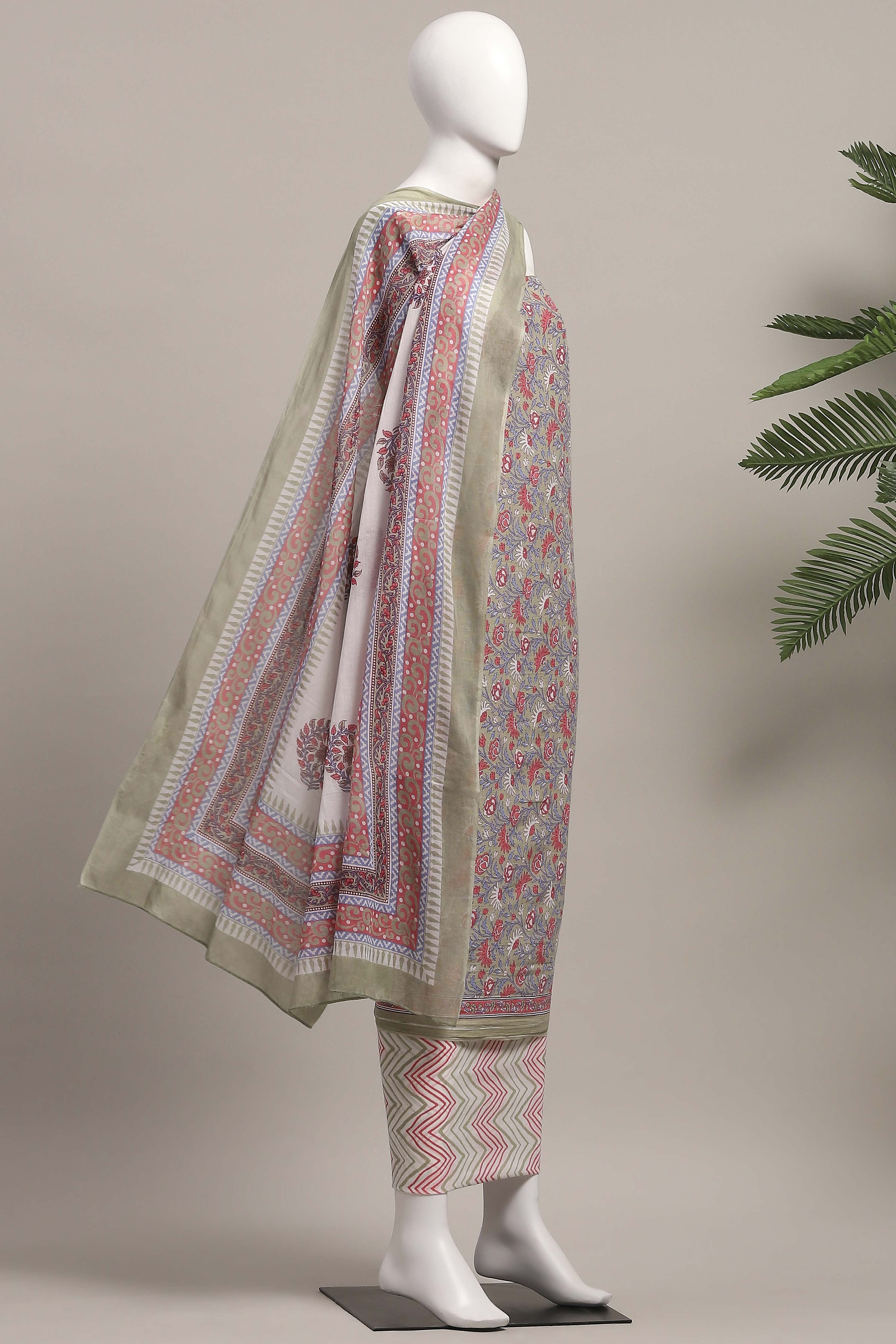 Teal Cotton Screen Print Unstitched Suit Set image number 4