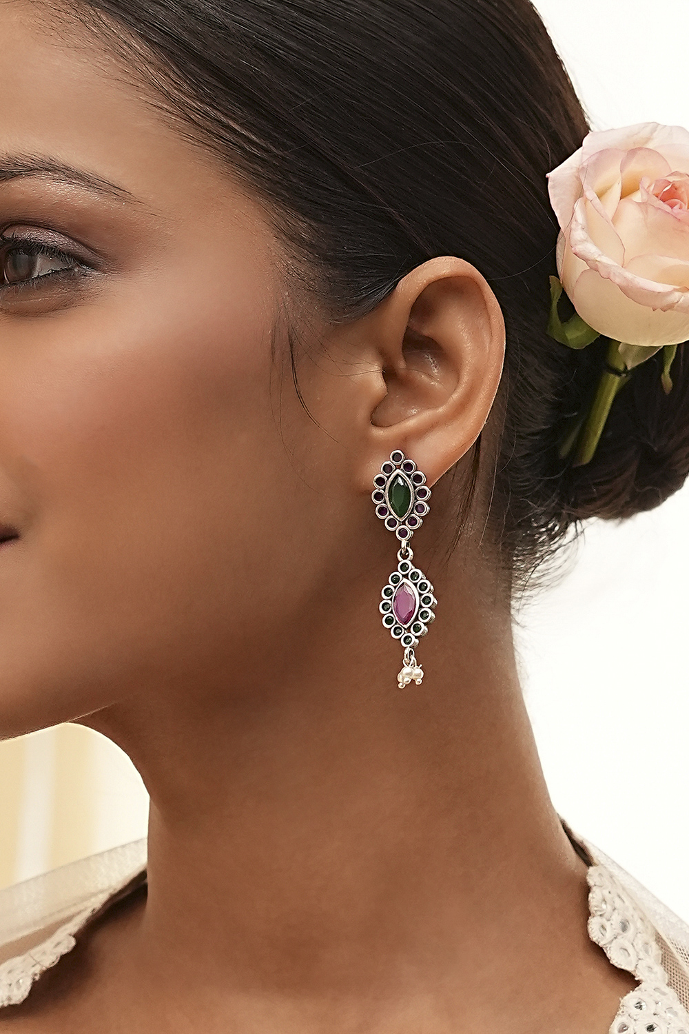 Green Pink Brass Danglers image number 1