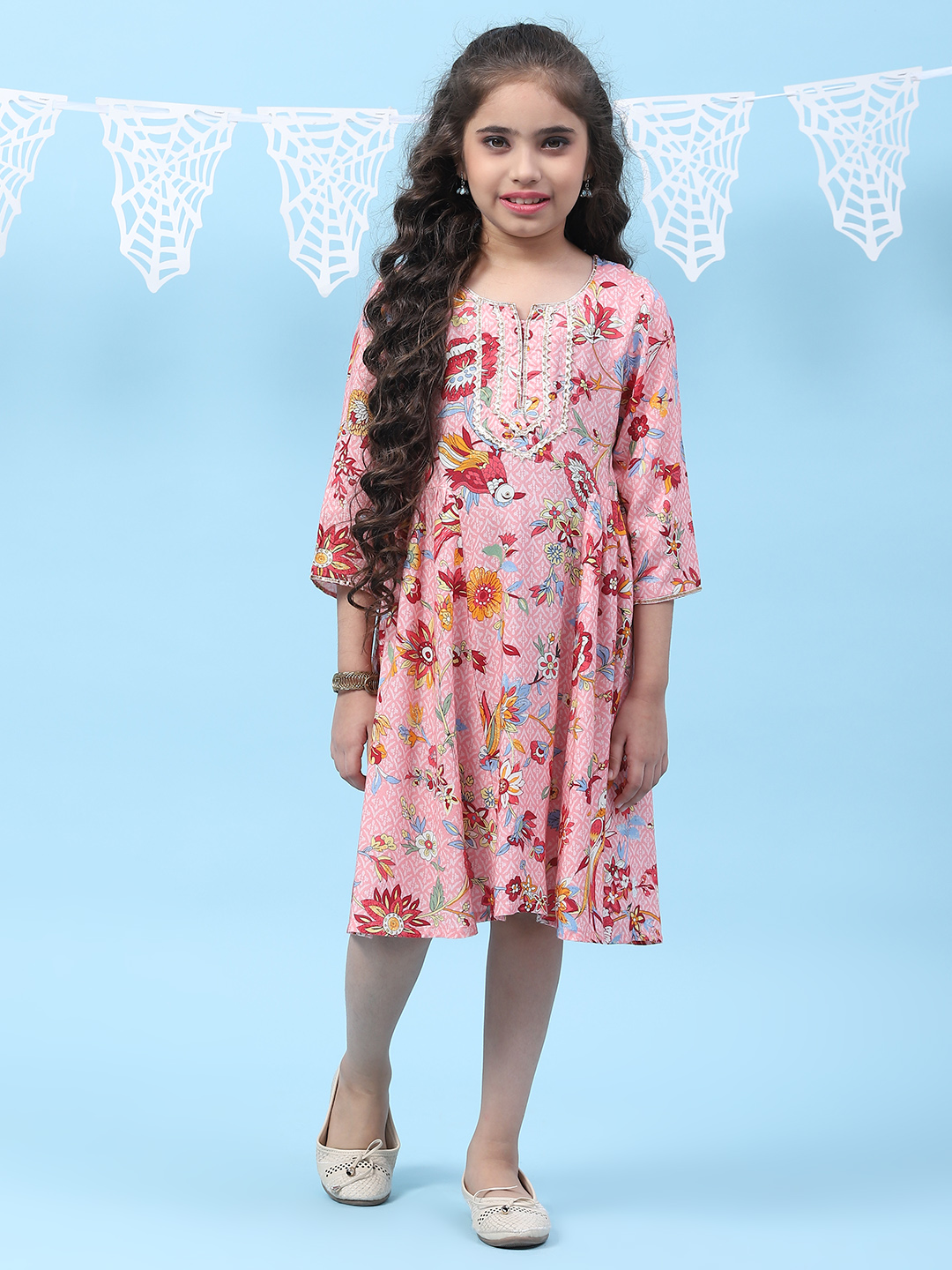 Pink Rayon Flared Printed Kurta image number 0