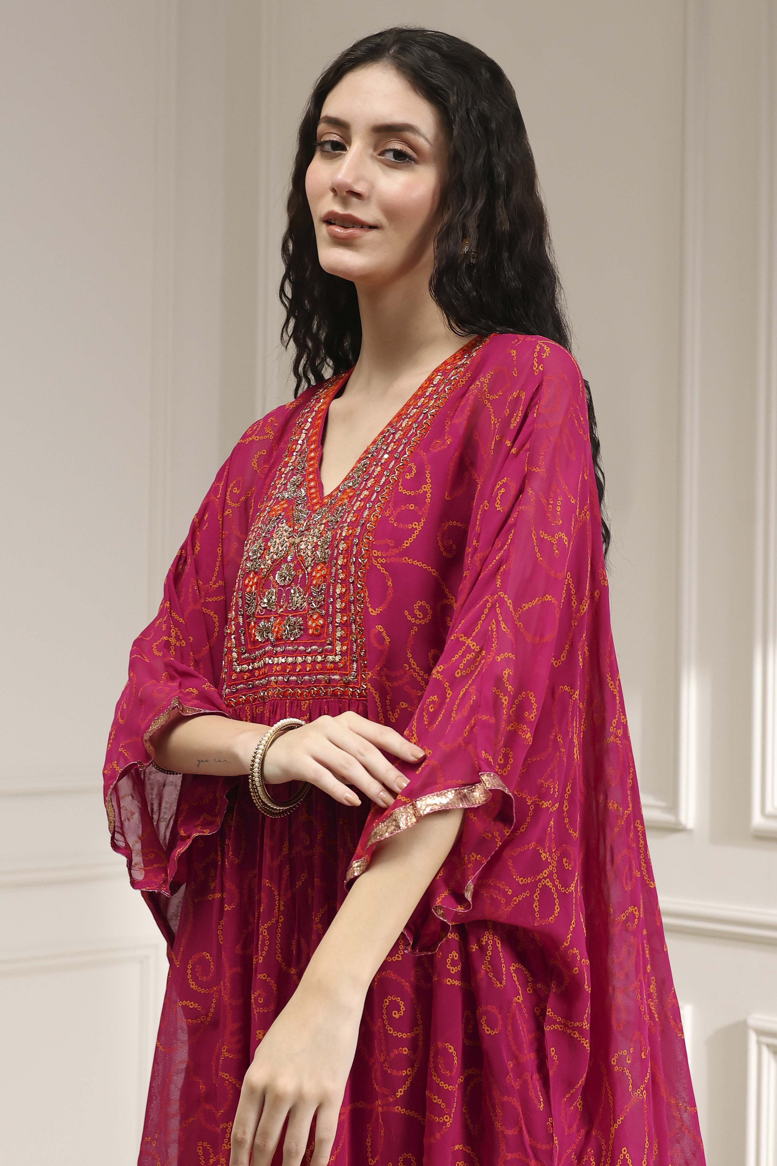 Red Printed Kaftan Style Kurta Set image number 1