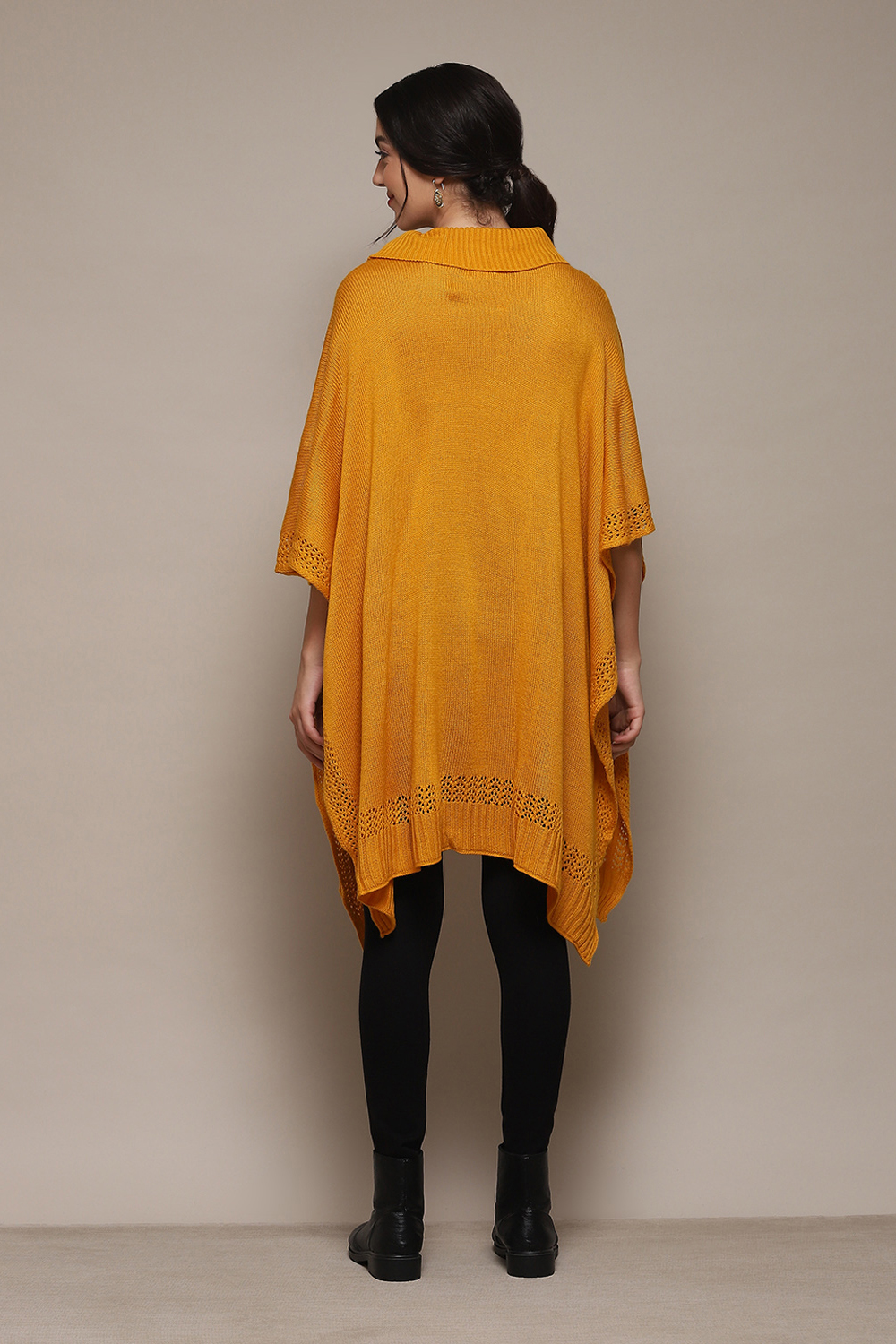 Mustard Acrylic Solid Straight Poncho Sweater image number 4