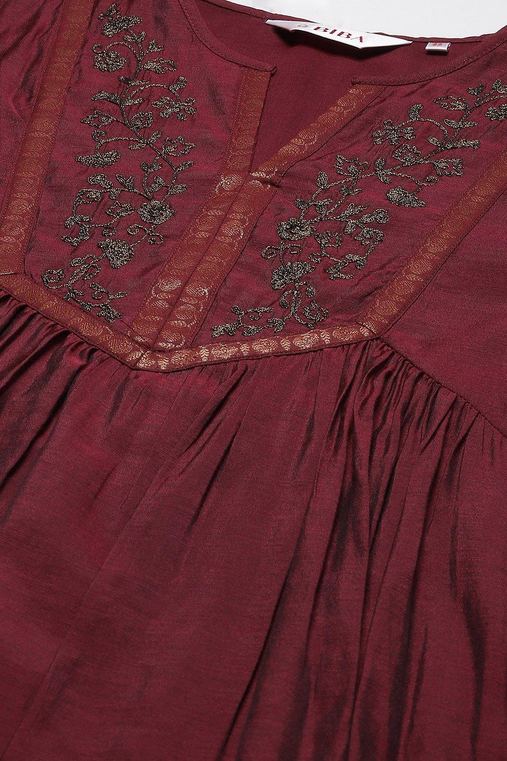 Wine Art Silk A-Line Yarndyed Kurta image number 1
