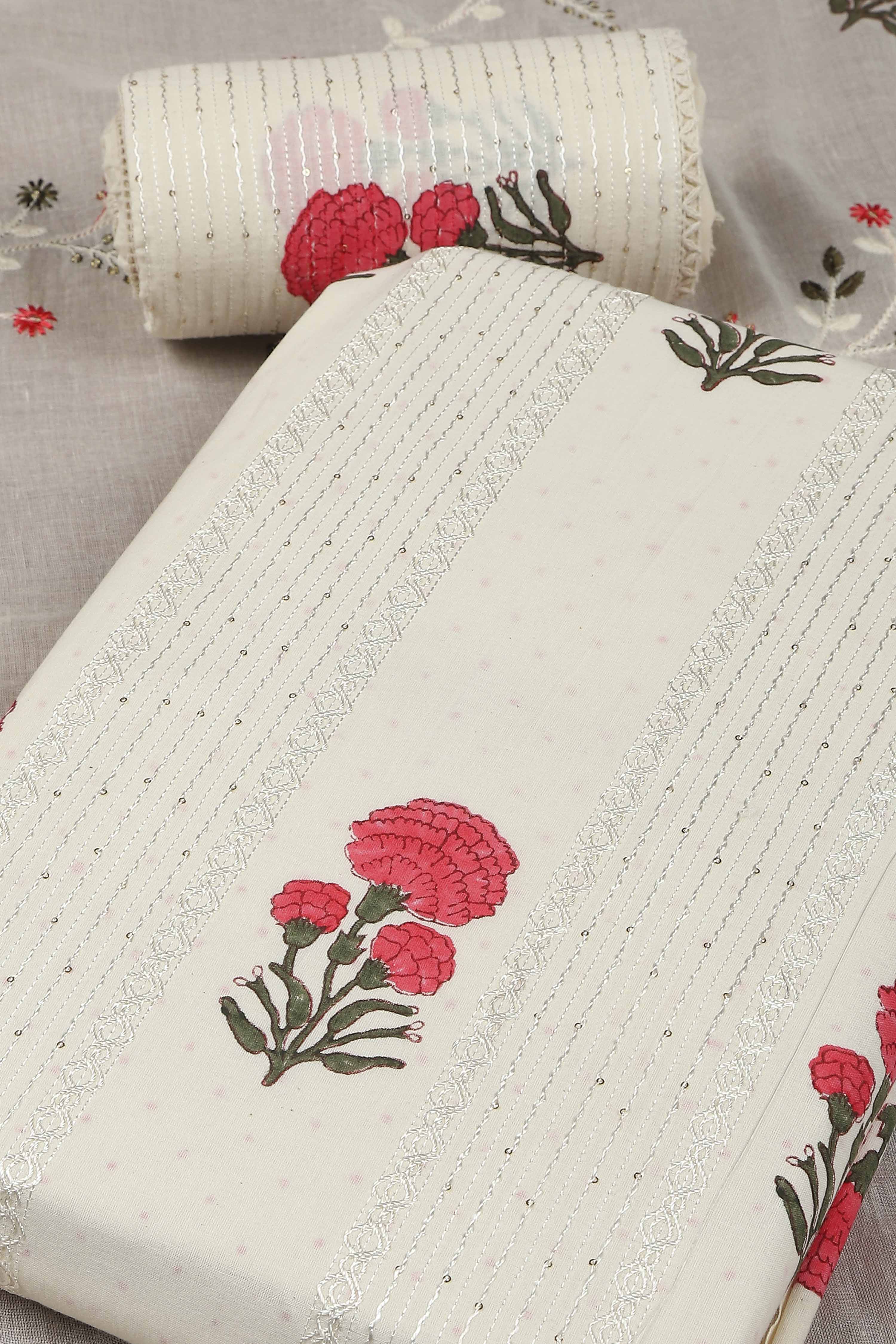 White Cotton Printed Embroidered Unstitched Suit Set image number 1