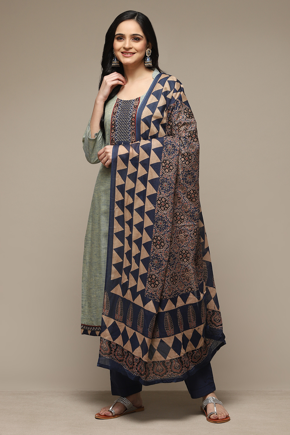 Green Cotton Hand Block Print Unstitched Suit Set image number 0