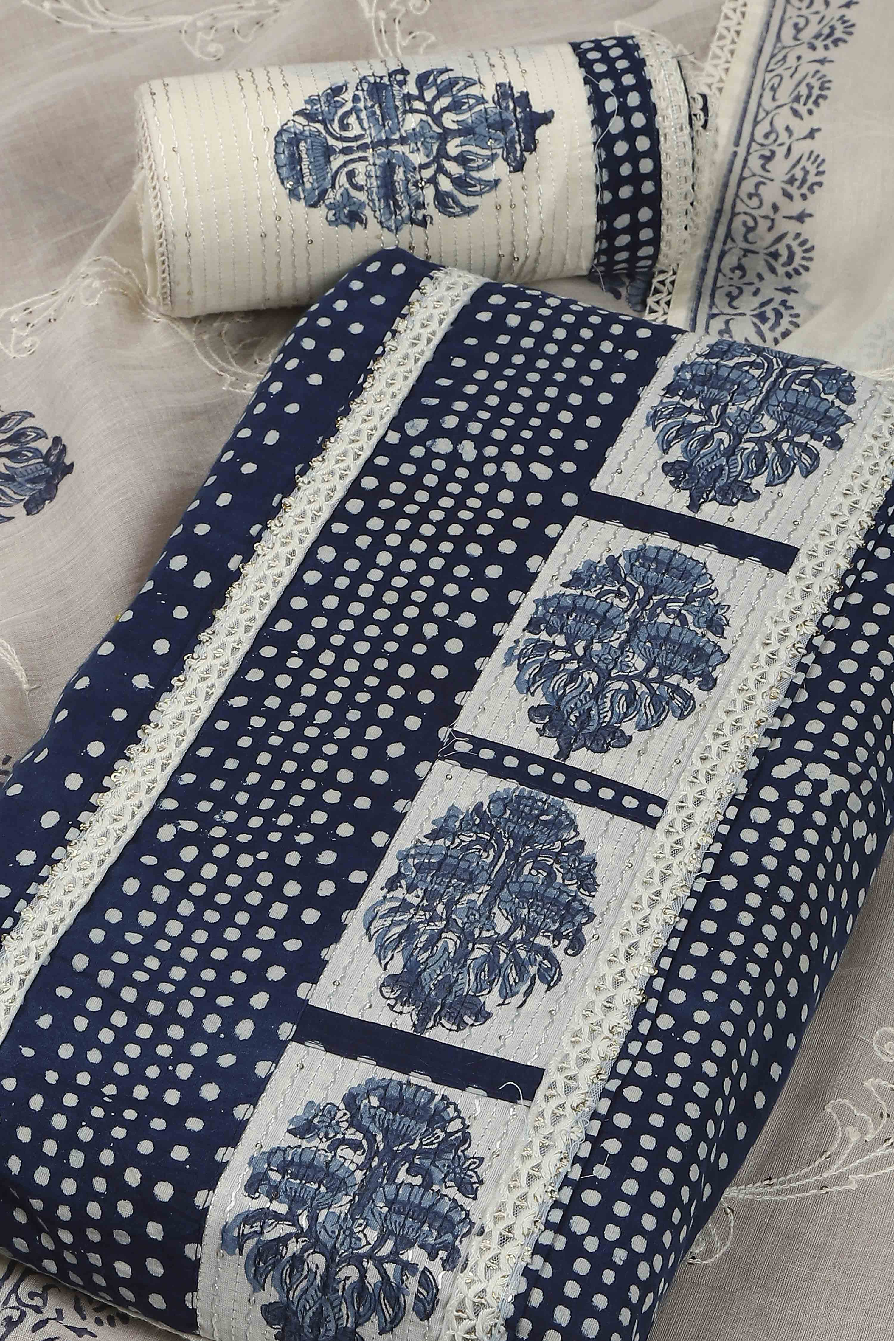 Indigo Cotton Printed Embroidered Unstitched Suit Set image number 1