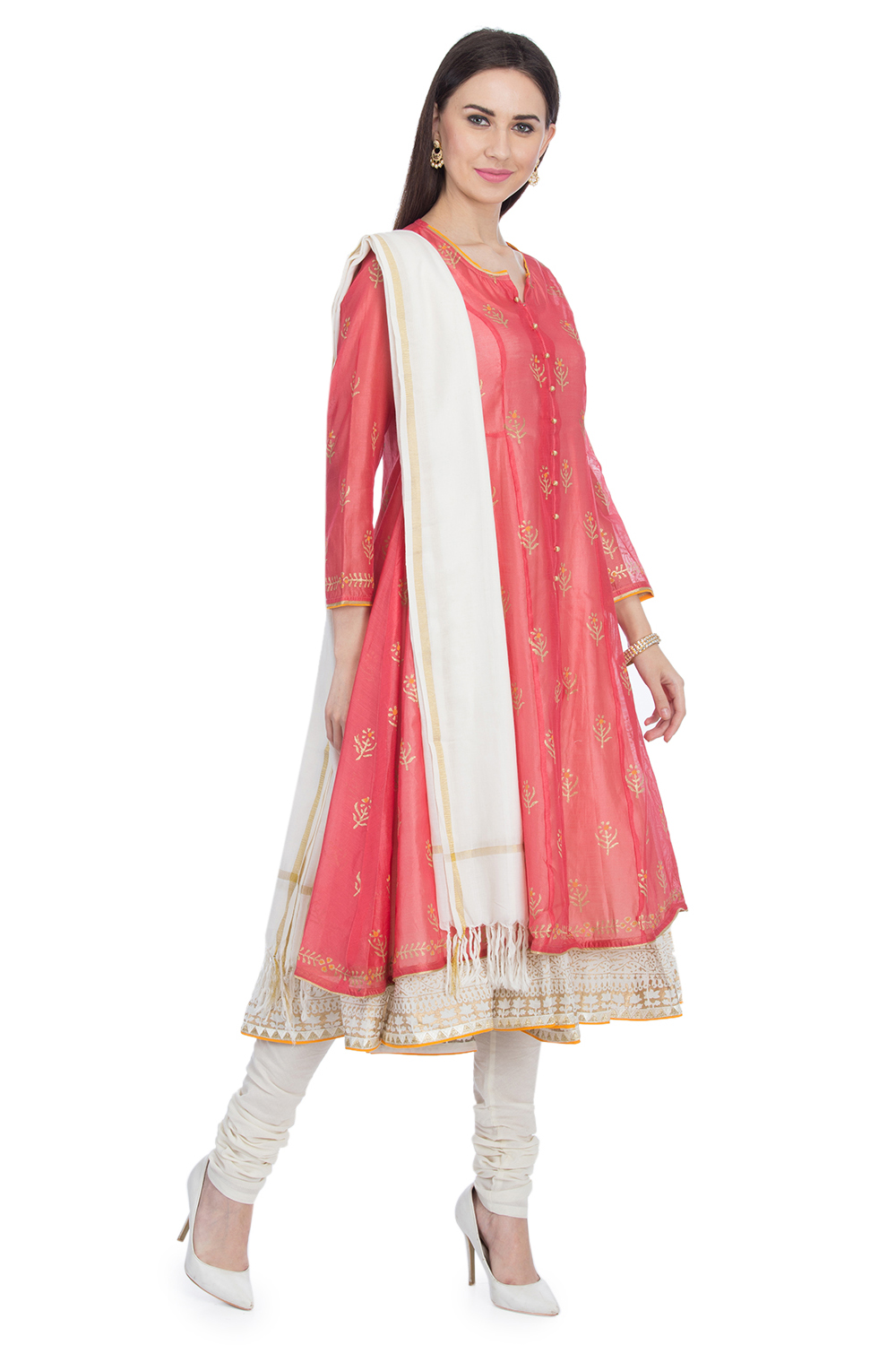Coral Pink Front Open Cotton Kurta Churidar Suit Set image number 2
