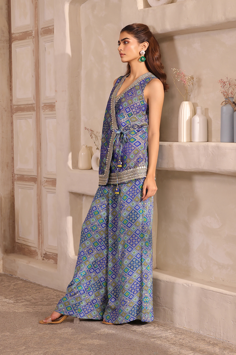 Blue Chanderi Front Open Printed Co-ord Set image number 3