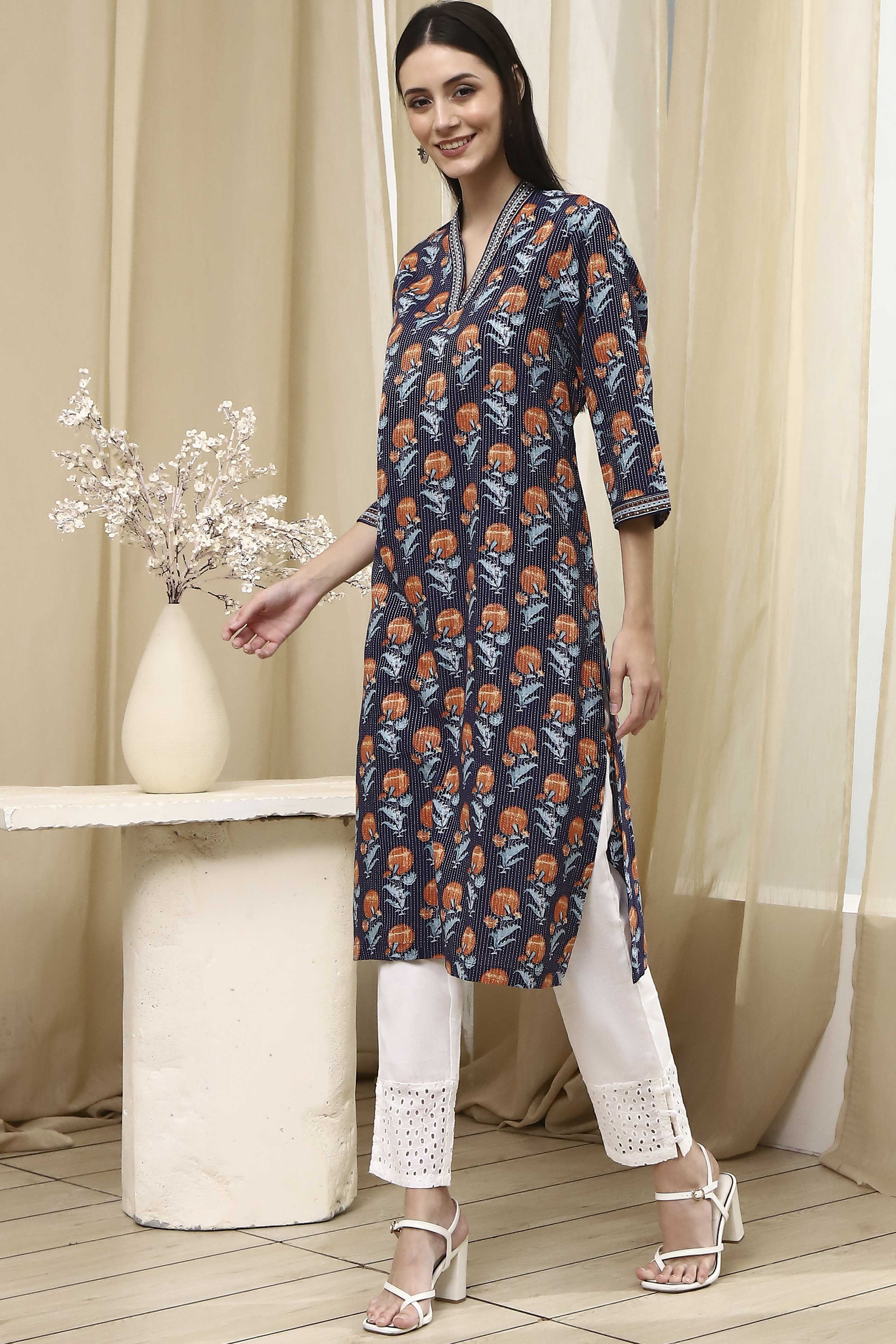 Teal Cotton Printed Straight Kurta image number 2