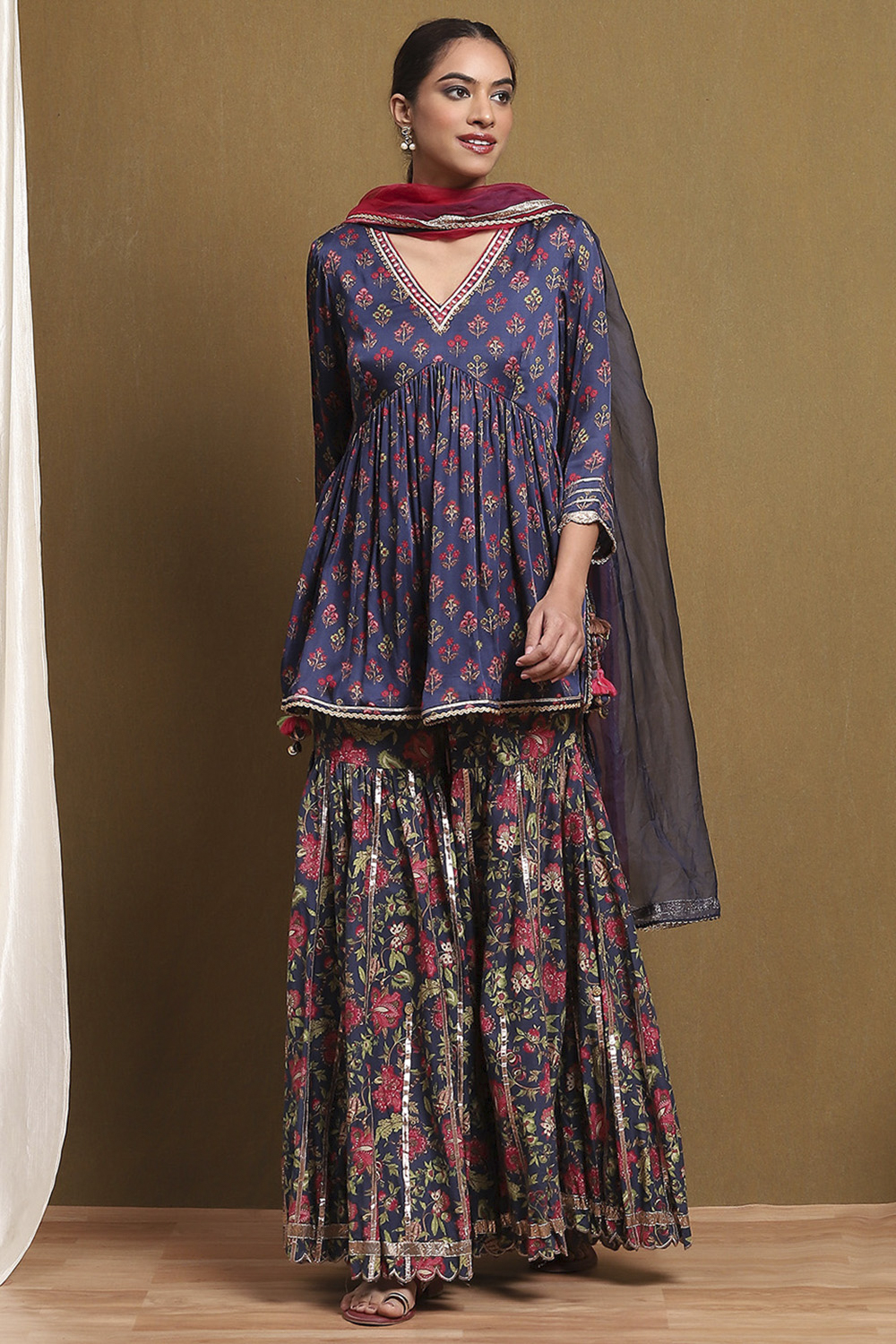 Navy Blue Viscose Floral Peplum Suit Set image number 7