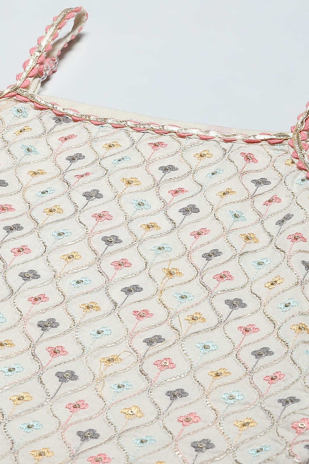 Cream Cotton Floral Embroidered Strappy Suit Set image number 1
