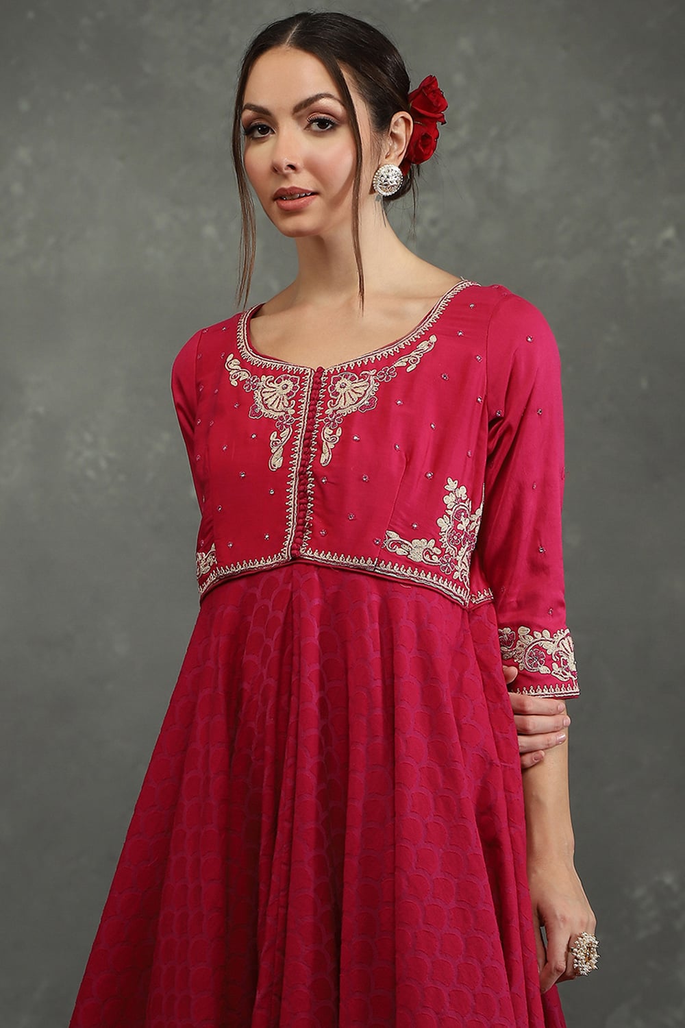 Cream-Toned Silk Chanderi Floral Anarkali Suit Set image number 1