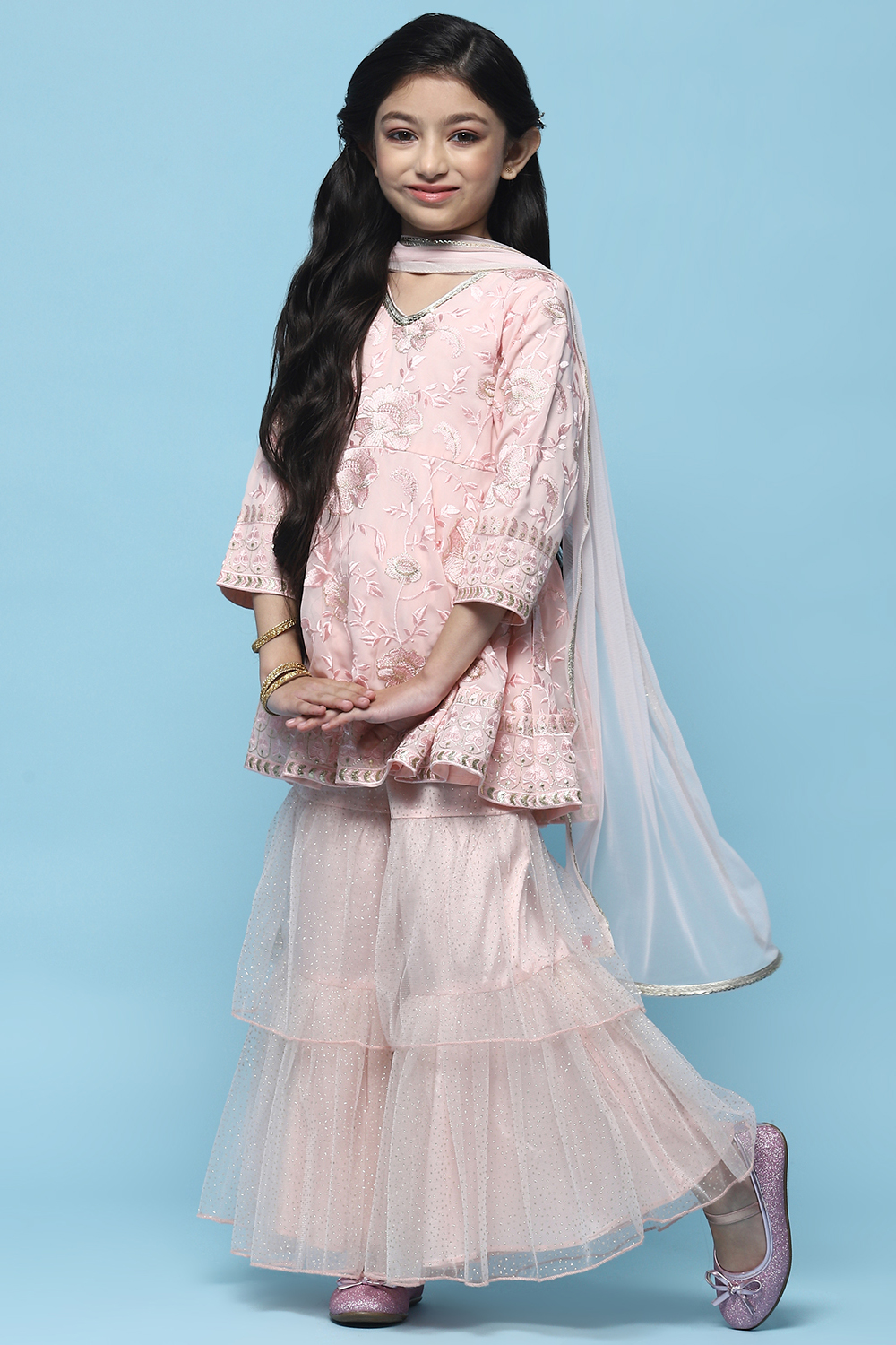 Pink Embroidered Georgette Peplum Sharara Suit Set image number 4