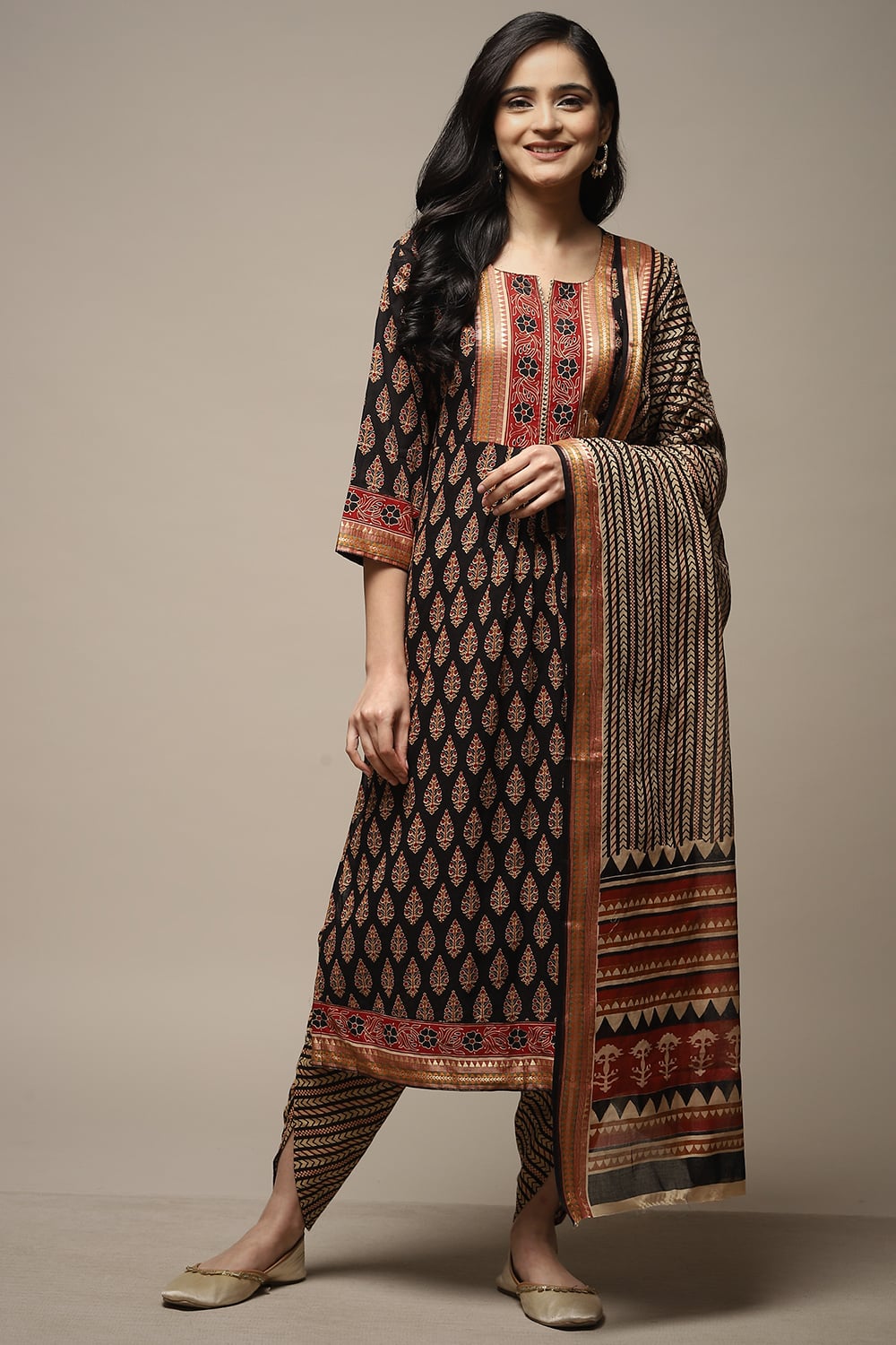 Black Cotton Hand Block Print Unstitched Suit Set image number 2