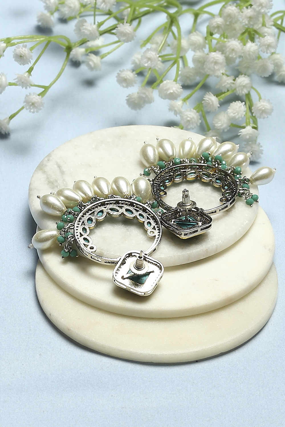 Turquoise Silver-Plated Pearl Chandbalis image number 2