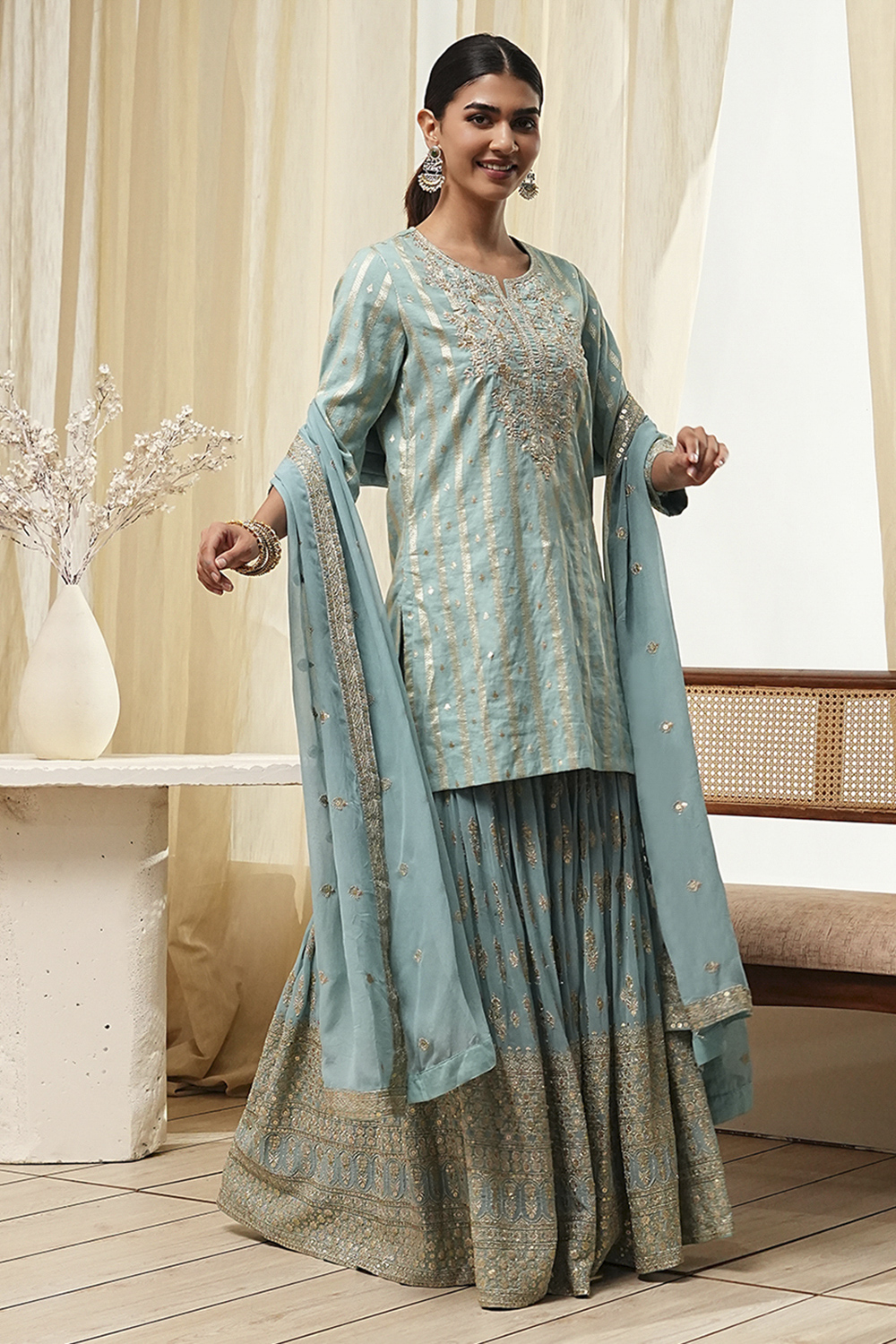 Powder Blue Embroidered Straight Suit Set image number 3