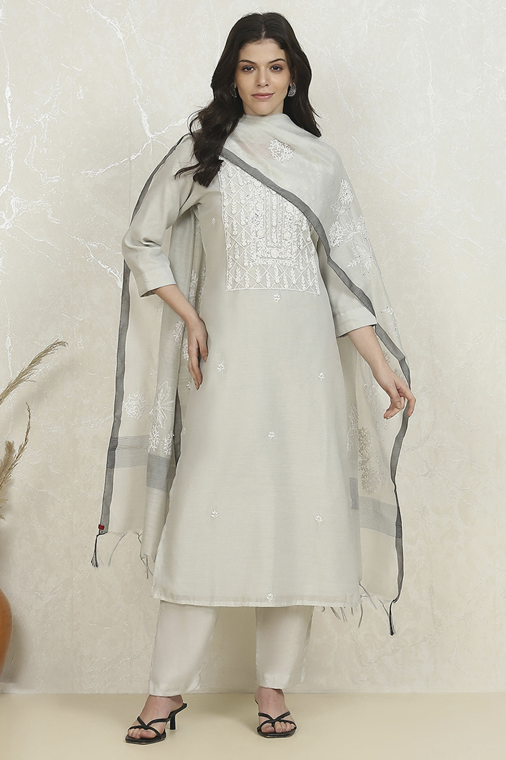 Grey Chanderi Machine Embroidered Unstitched Suit Set image number 1
