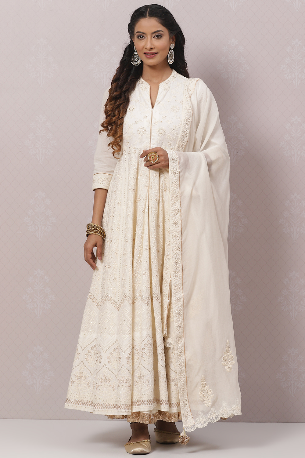 Off White Flared Kurta Skirt Kurta Skirt Suit Set image number 0