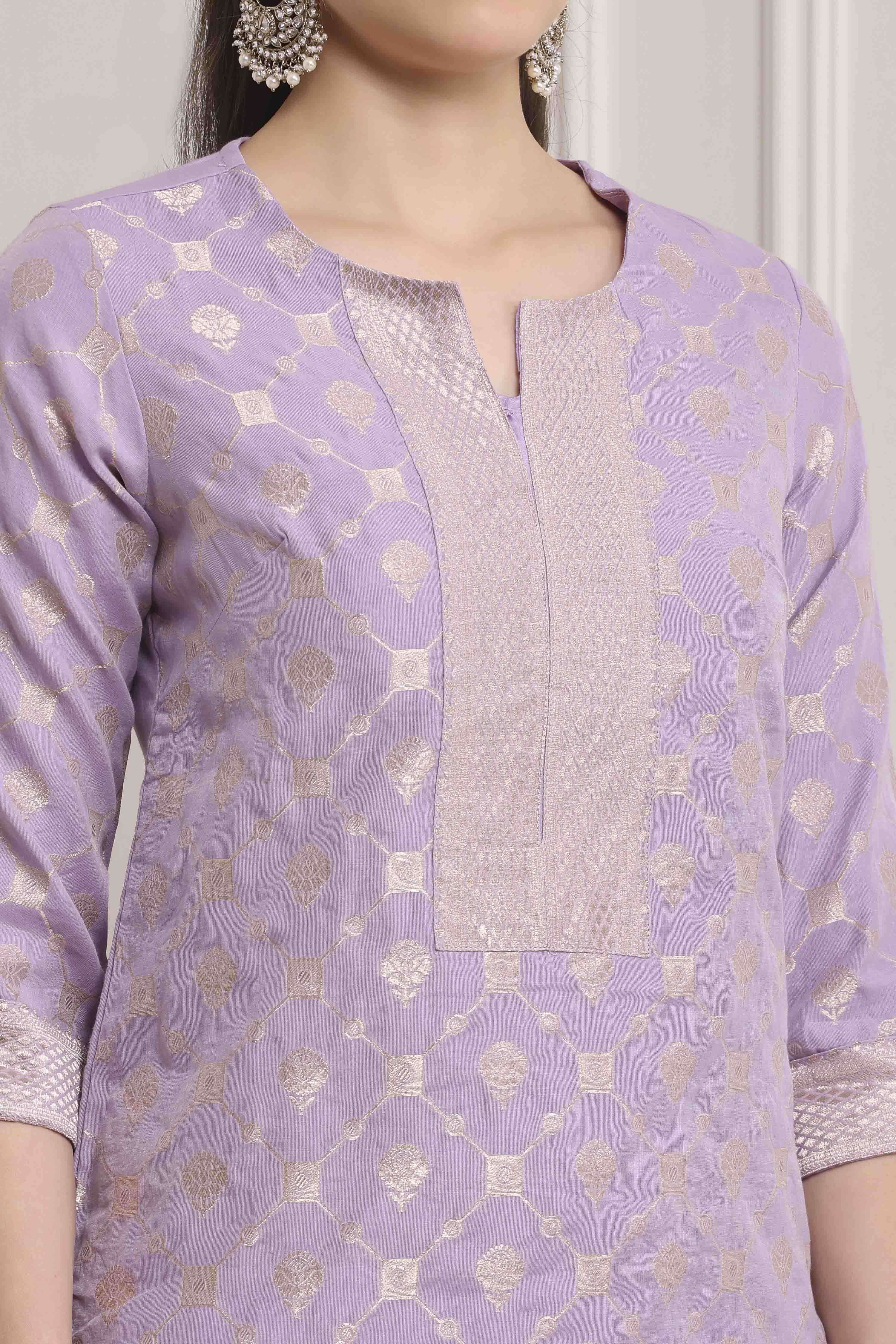 Lilac Poly Cotton Straight Kurta Pants Set image number 1