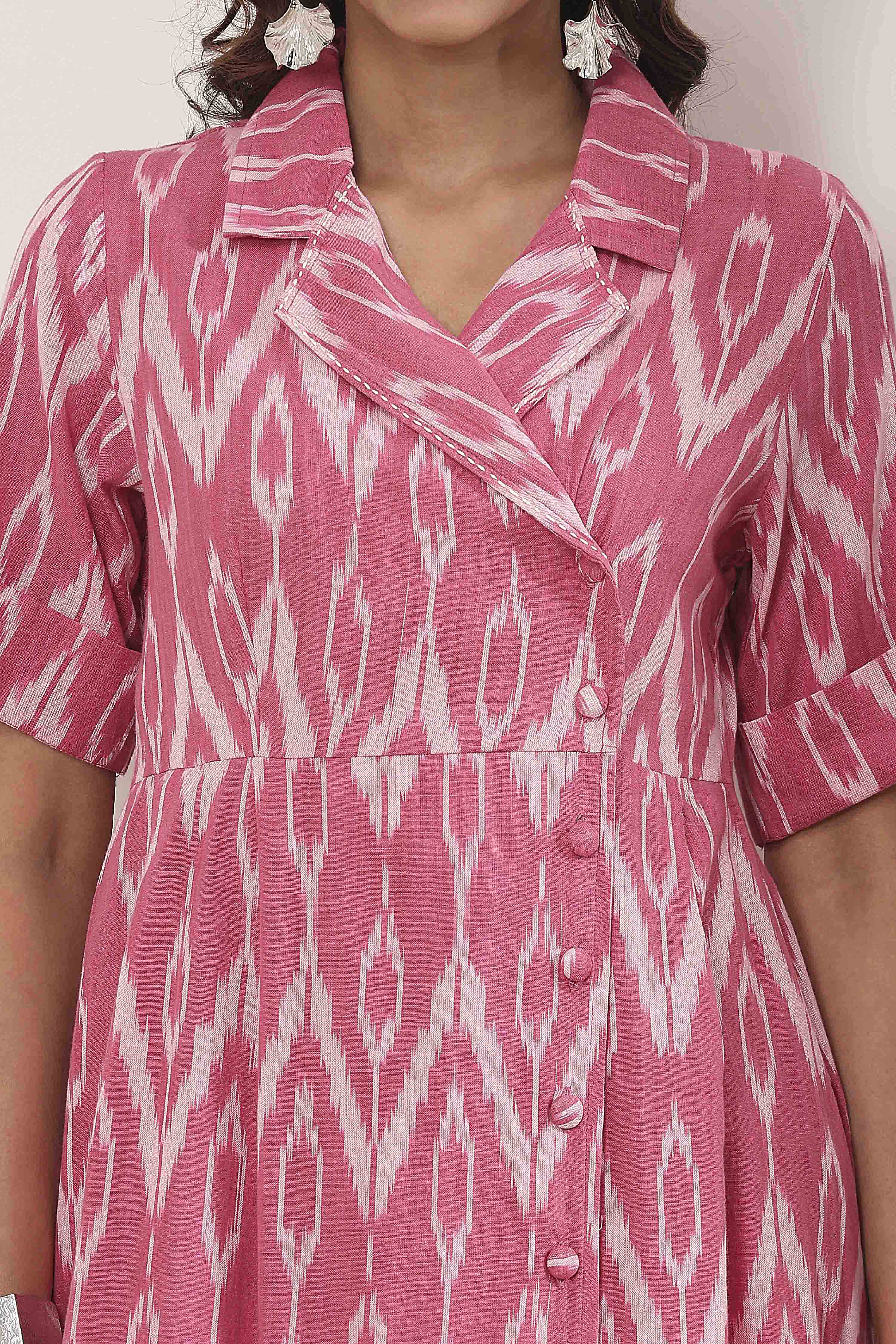 Pink Cotton Ikat Printed Flared Dress image number 1