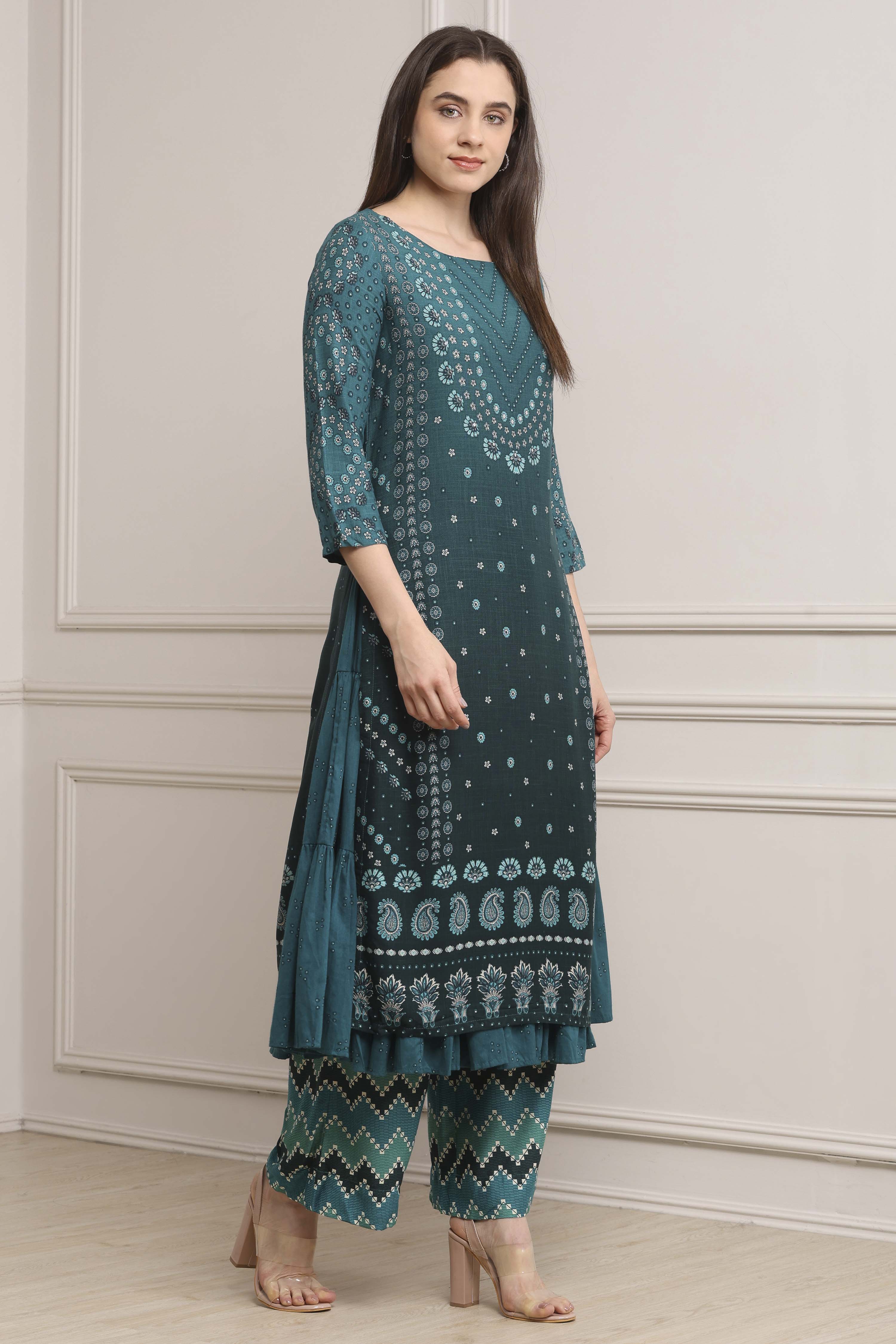 Blue Viscose Rayon Flared Kurta Pants Set image number 5