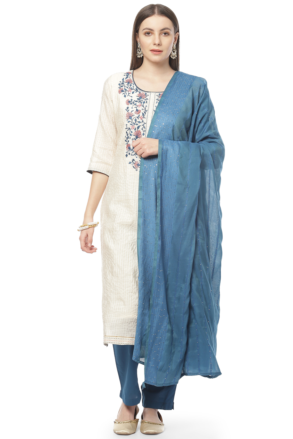 Blue Cotton Blend Hand Embroidered Unstitched Suit Set image number 0