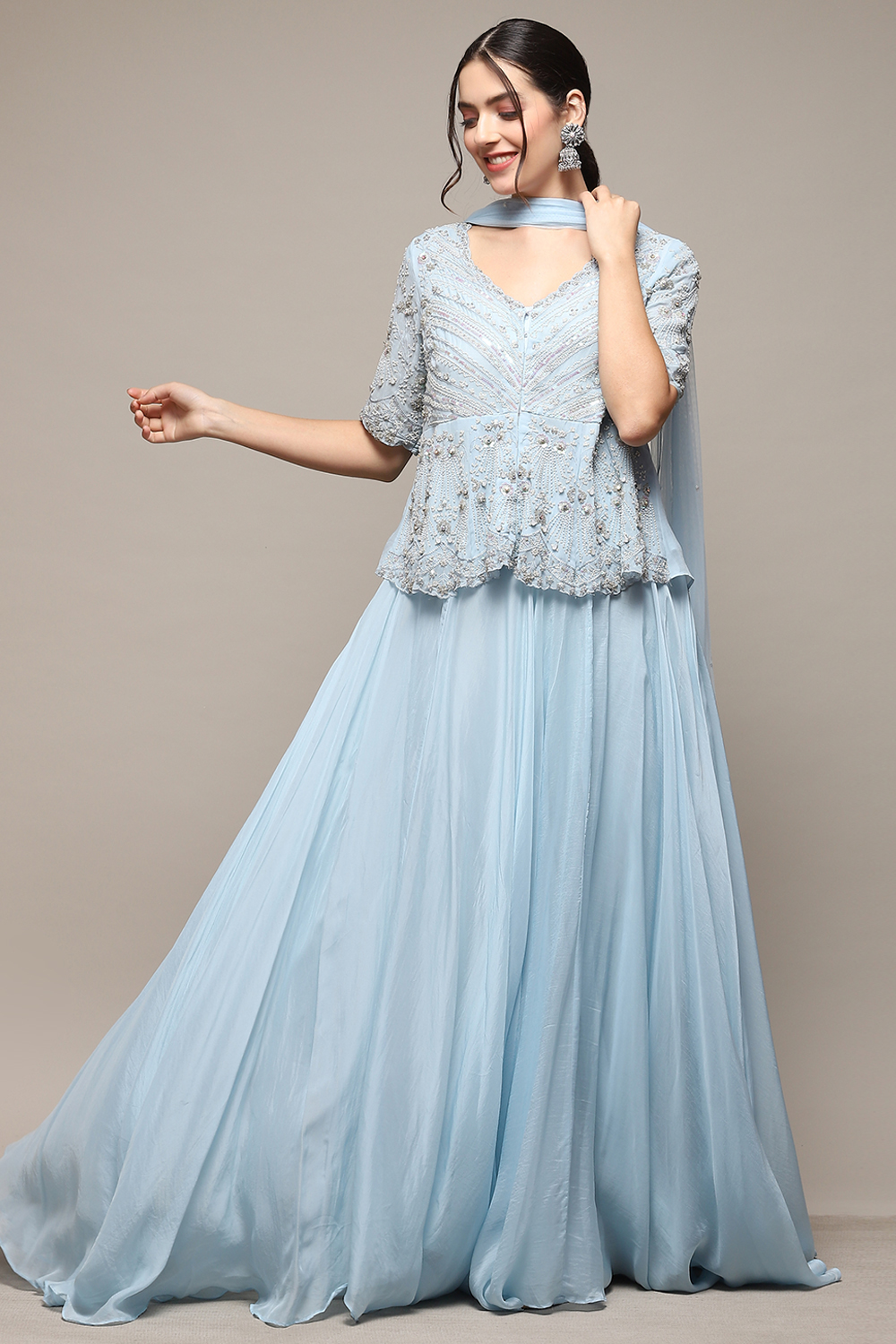 Powder Blue Viscose Short Kurta Skirt Suit Set image number 0