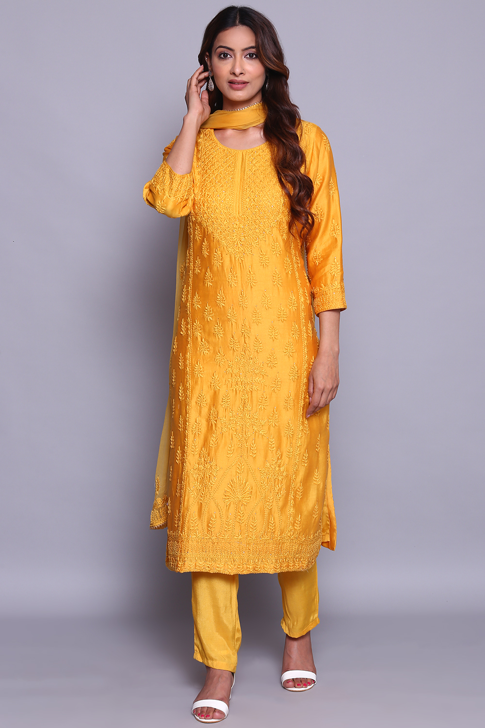 Pink Chanderi Hand Embroidered Unstitched Suit Set image number 0