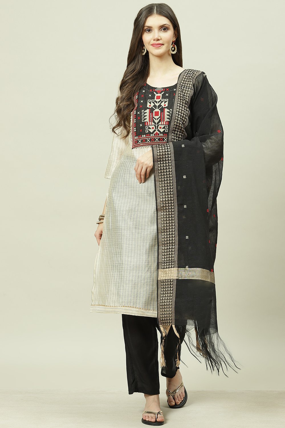 Yellow Chanderi Machine Embroidered Unstitched Suit Set image number 0