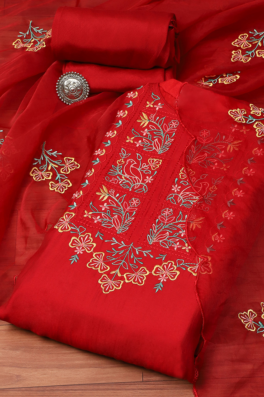 Mustard Art Silk Unstitched Suit Set image number 0