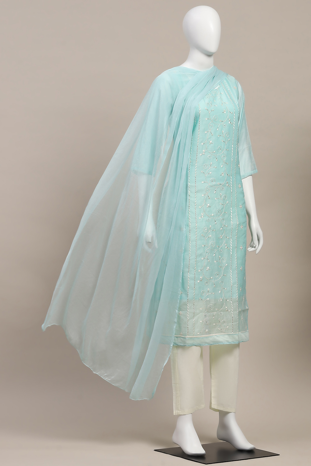 Peach Modal Satin Machine Embroidered Unstitched Suit Set image number 4