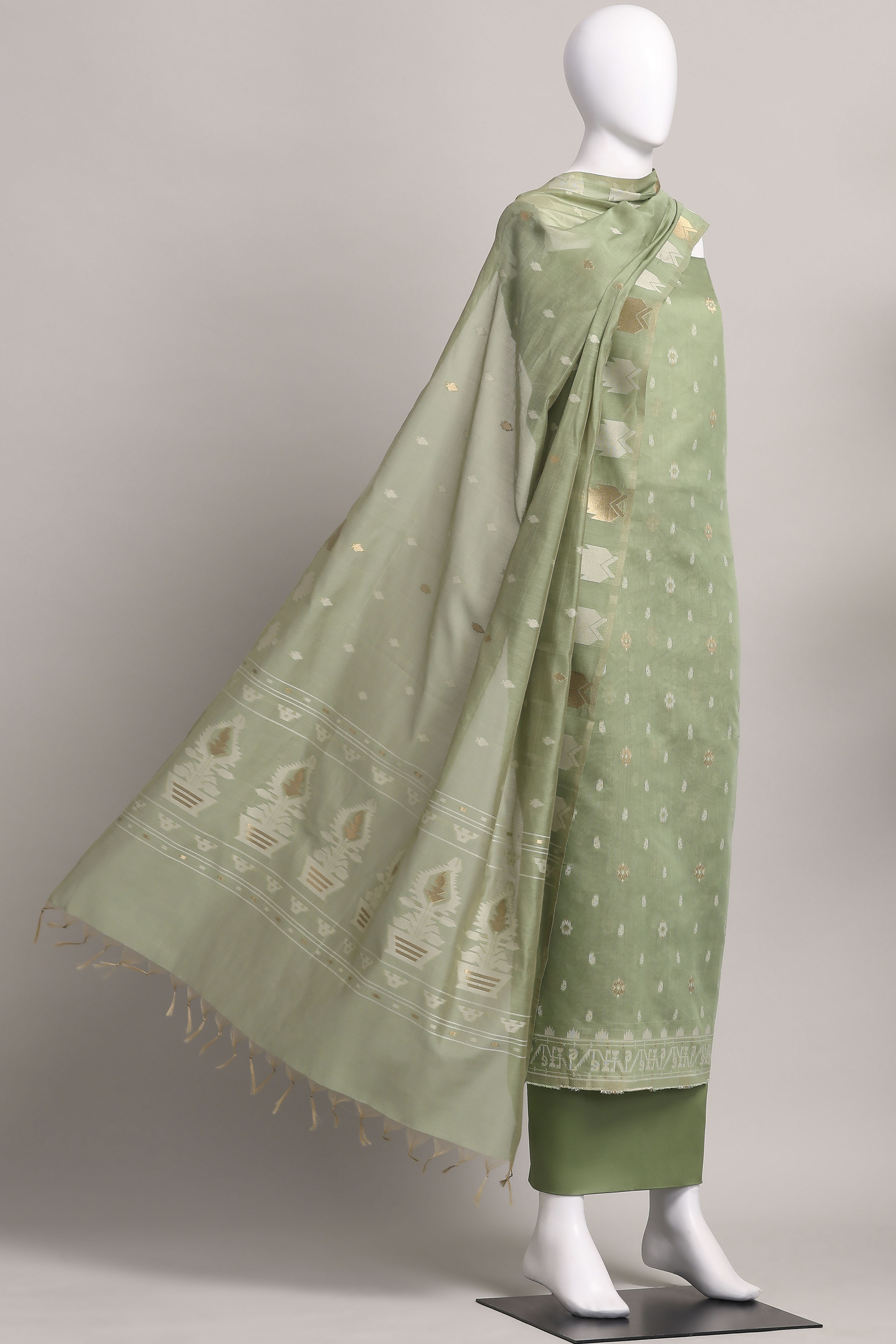 Light Blue Cotton Jamdani Unstitched Suit Set image number 4